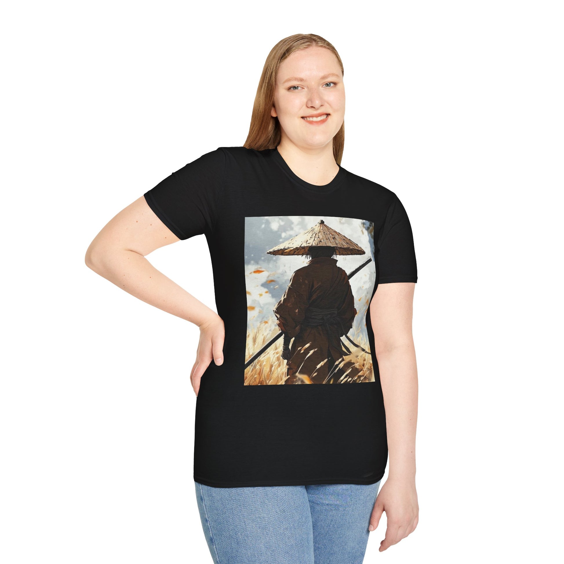 Vagabond Samurai Tee -  samurai vagabond japanese culture anime shirt graphic tee unisex Vagabond Swordsman Tee – Lone samurai in windswept field with katana and falling autumn leaves