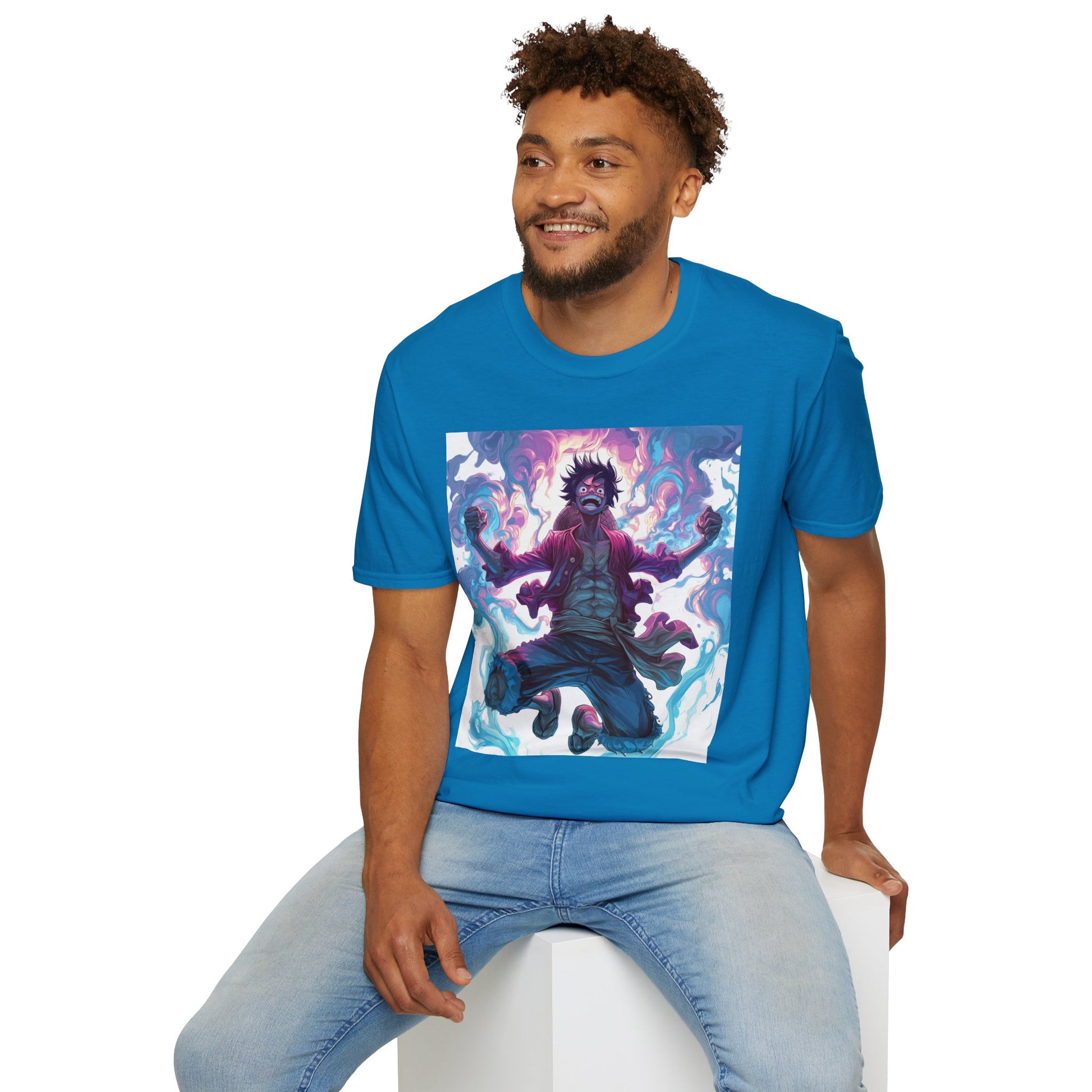 Luffy Pirate King Tee -  one piece luffy pirate king anime shirt graphic tee unisex King of the Pirates Tee – Luffy mid-air with red shirt, fists clenched and cosmic energy