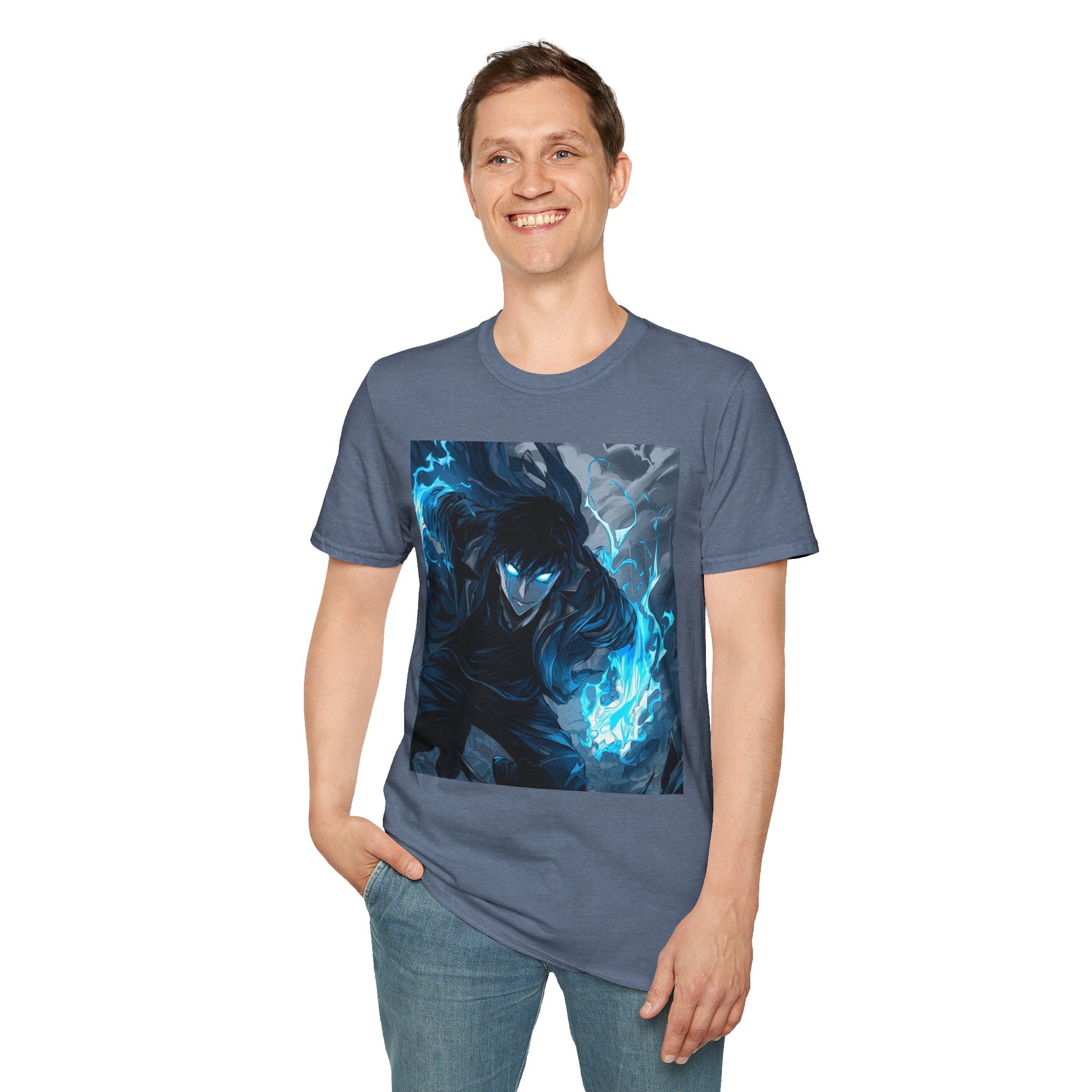 Solo Leveling Shadow Monarch Tee -  solo leveling sung jin woo shadow monarch anime shirt graphic tee unisex Shadow Monarch Tee – Sung Jin Woo engulfed in blue flames with glowing eyes