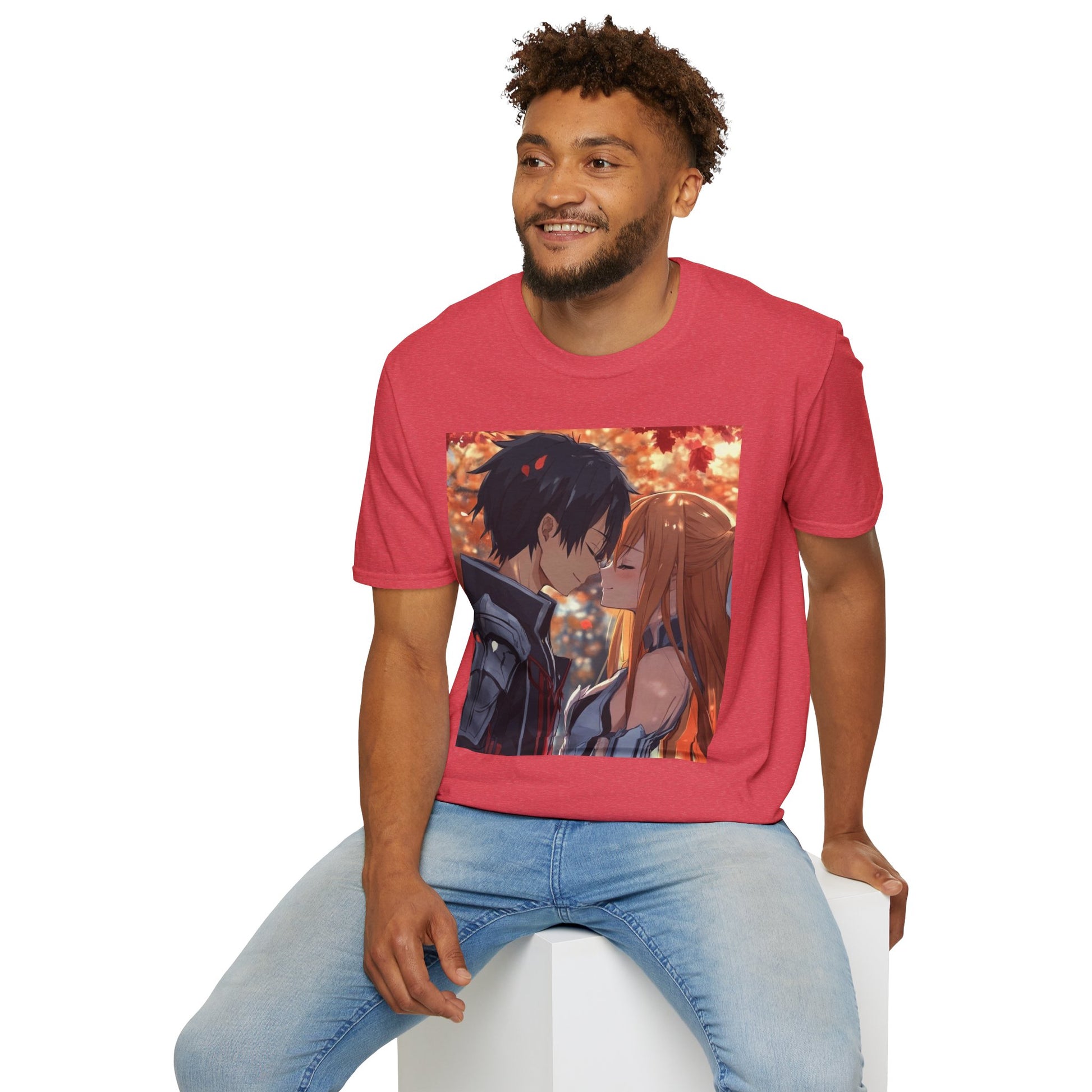 Black Knight Fantasy Tee -  fantasy romance black knight anime shirt graphic tee unisex Black Knight & Golden Flash Tee – Kirito and Asuna under autumn leaves