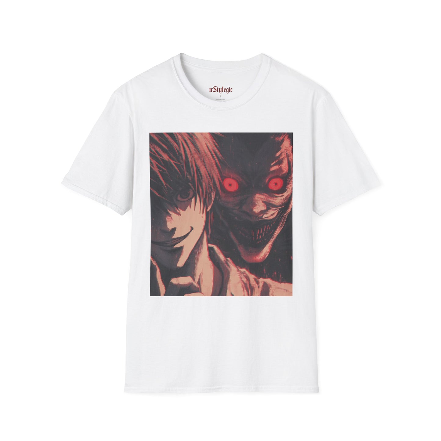 Light Yagami Crimson Tee - death note light yagami anime shirt graphic tee unisex Crimson Light Tee – Light Yagami in crimson and black, evoking Kira’s quiet intensity with the shinigami Ryuk gazing over his shoulder