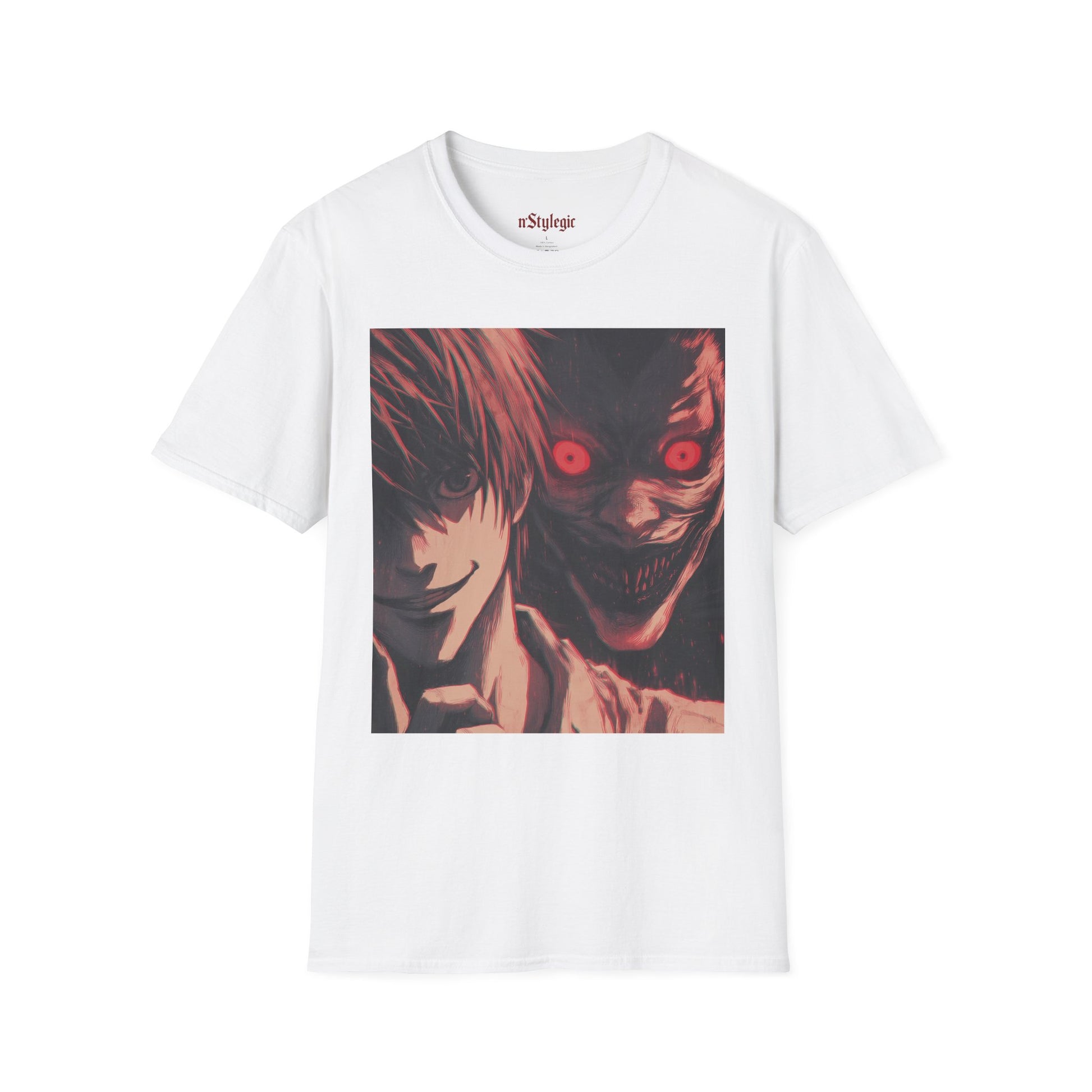 Light Yagami Crimson Tee -  death note light yagami anime shirt graphic tee unisex Crimson Light Tee – Light Yagami in crimson and black, evoking Kira’s quiet intensity with the shinigami Ryuk  gazing over his shoulder