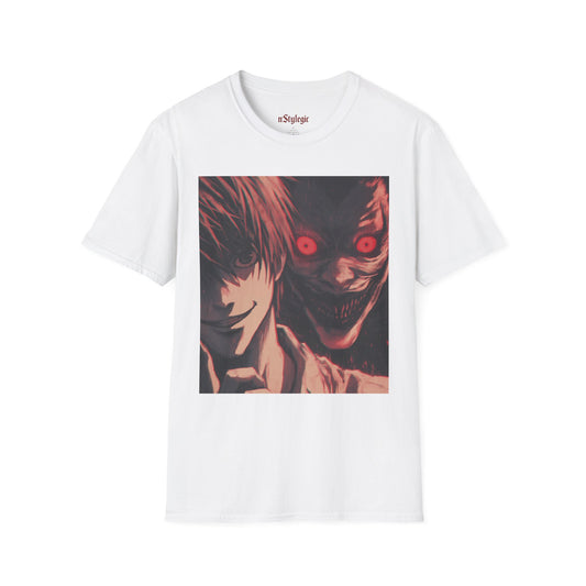Light Yagami Crimson Tee -  death note light yagami anime shirt graphic tee unisex Crimson Light Tee – Light Yagami in crimson and black, evoking Kira’s quiet intensity with the shinigami Ryuk  gazing over his shoulder