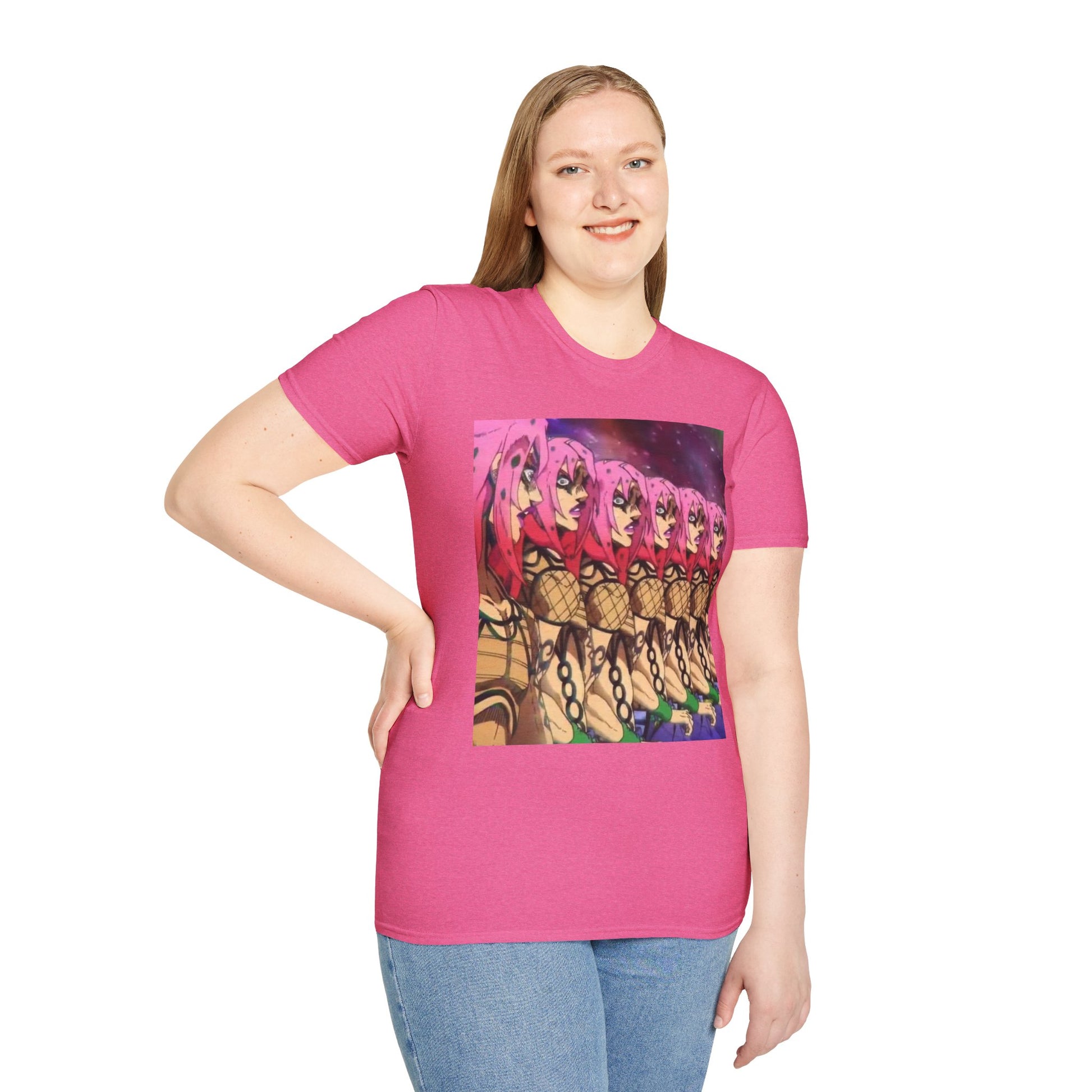 Diavolo Infinite Loop Tee -  jojo diavolo king crimson anime shirt graphic tee unisex Diavolo Death Loop Tee – Diavolo caught in cosmic loop with pink hair and cryptic tattoos