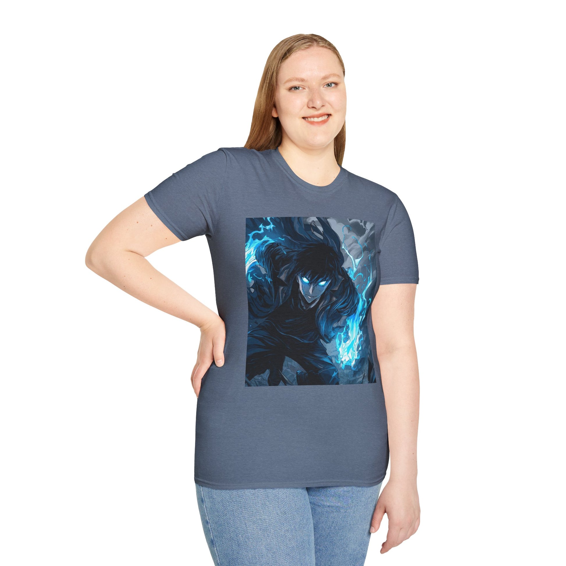 Solo Leveling Shadow Monarch Tee -  solo leveling sung jin woo shadow monarch anime shirt graphic tee unisex Shadow Monarch Tee – Sung Jin Woo engulfed in blue flames with glowing eyes