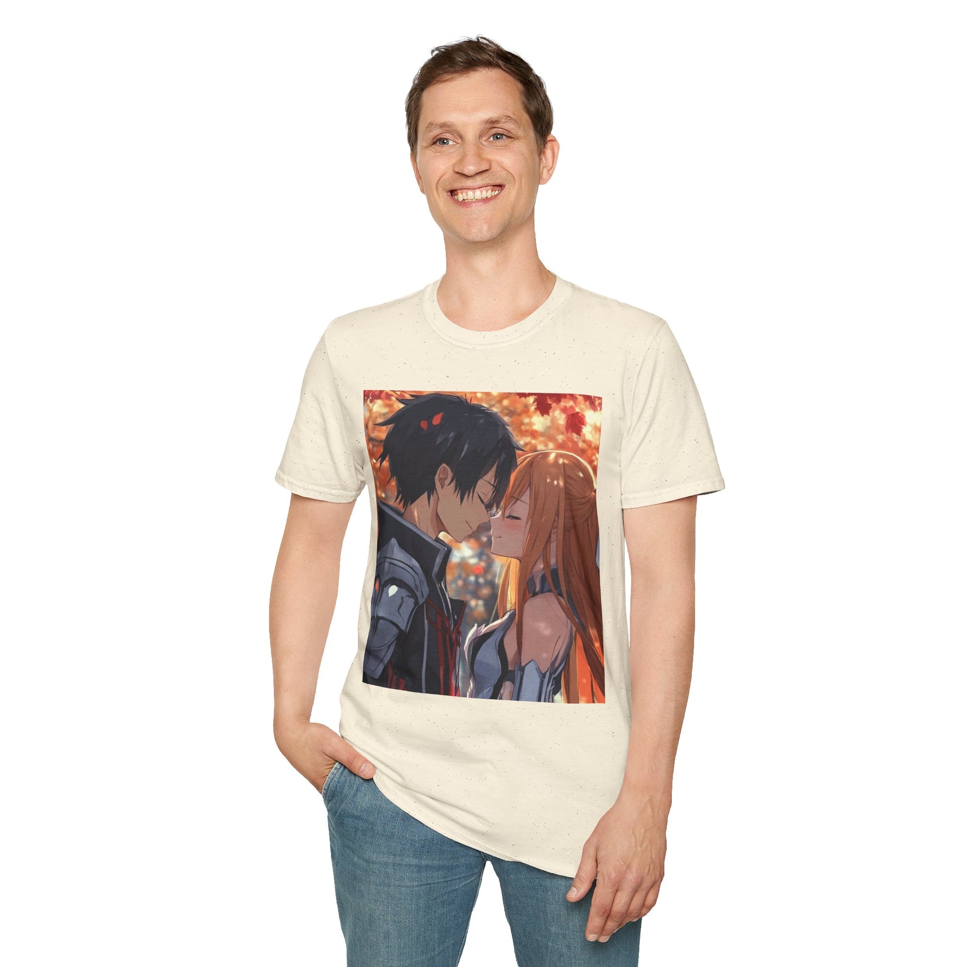 Black Knight Fantasy Tee -  fantasy romance black knight anime shirt graphic tee unisex Black Knight & Golden Flash Tee – Kirito and Asuna under autumn leaves