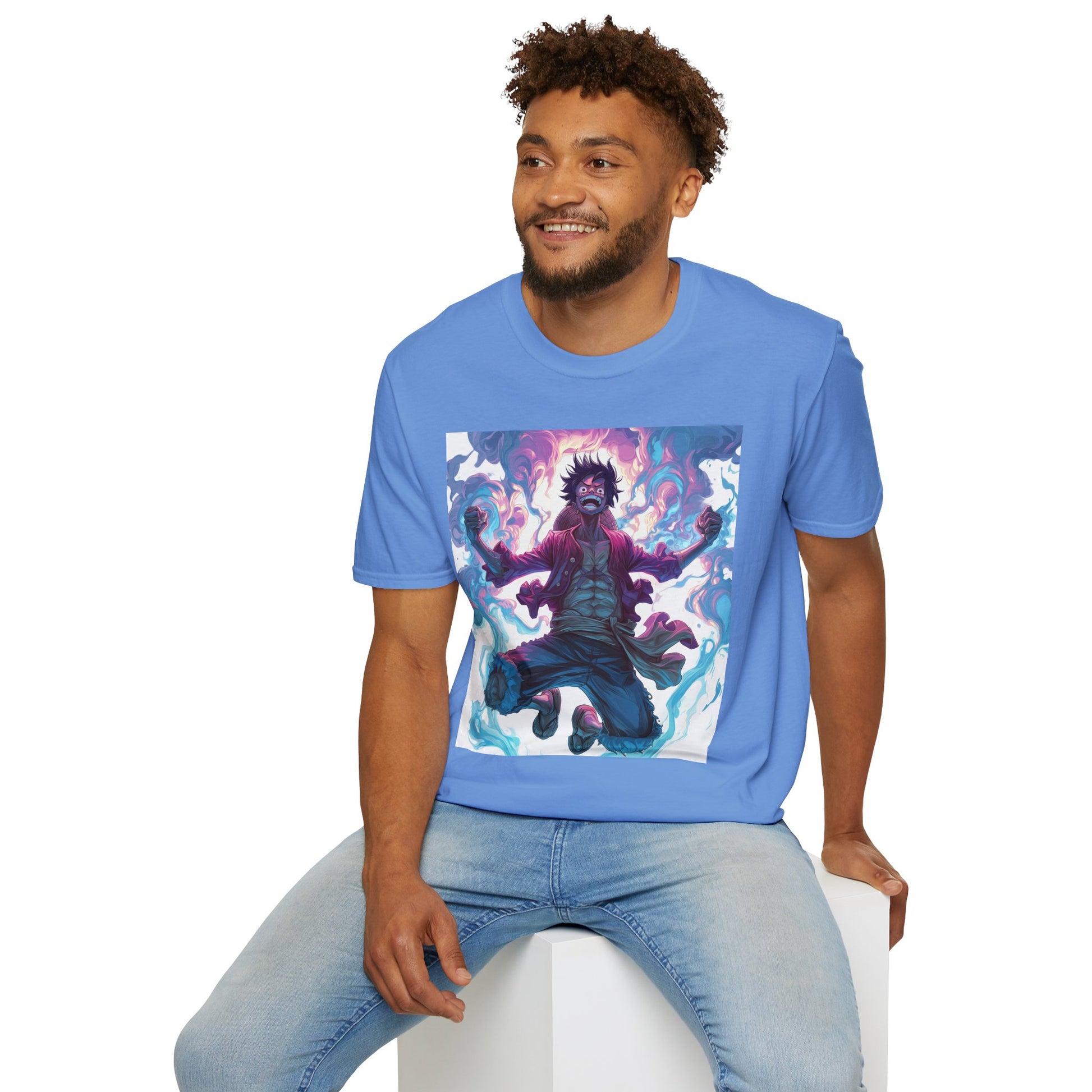 Luffy Pirate King Tee -  one piece luffy pirate king anime shirt graphic tee unisex King of the Pirates Tee – Luffy mid-air with red shirt, fists clenched and cosmic energy