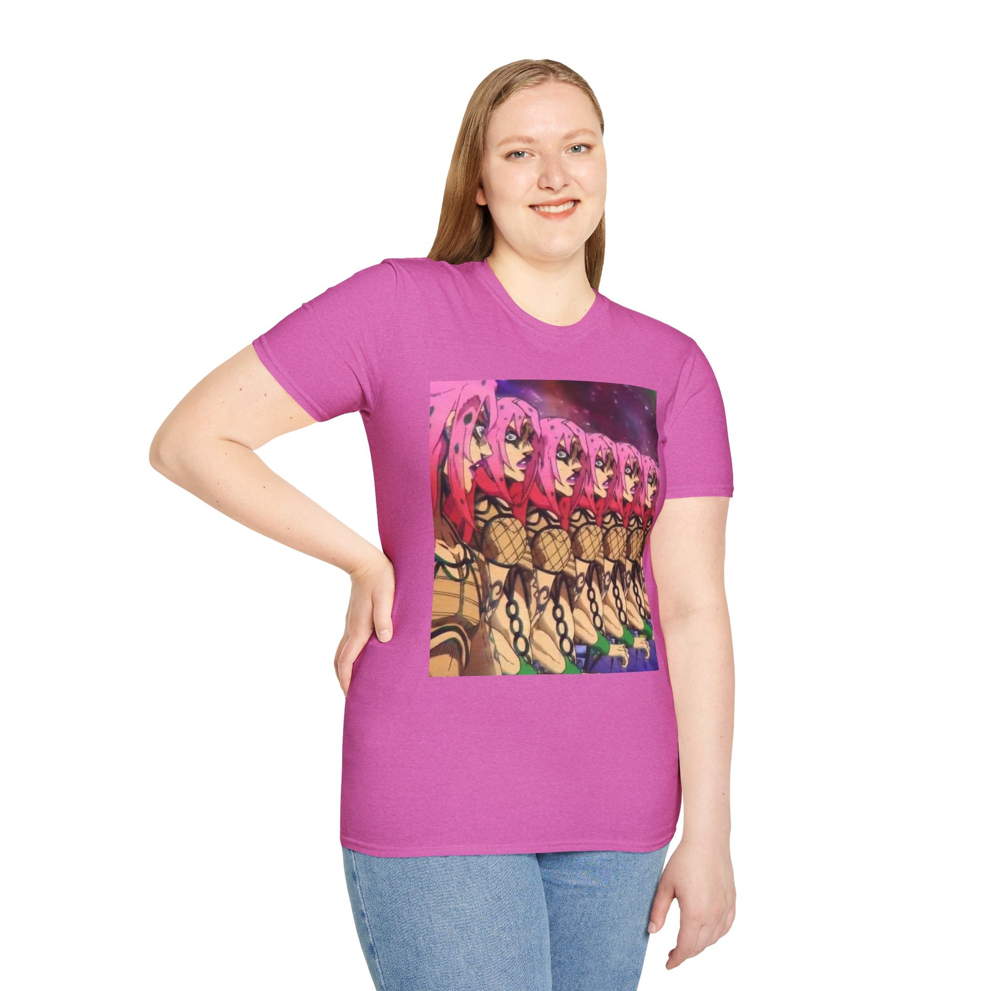 Diavolo Infinite Loop Tee -  jojo diavolo king crimson anime shirt graphic tee unisex Diavolo Death Loop Tee – Diavolo caught in cosmic loop with pink hair and cryptic tattoos