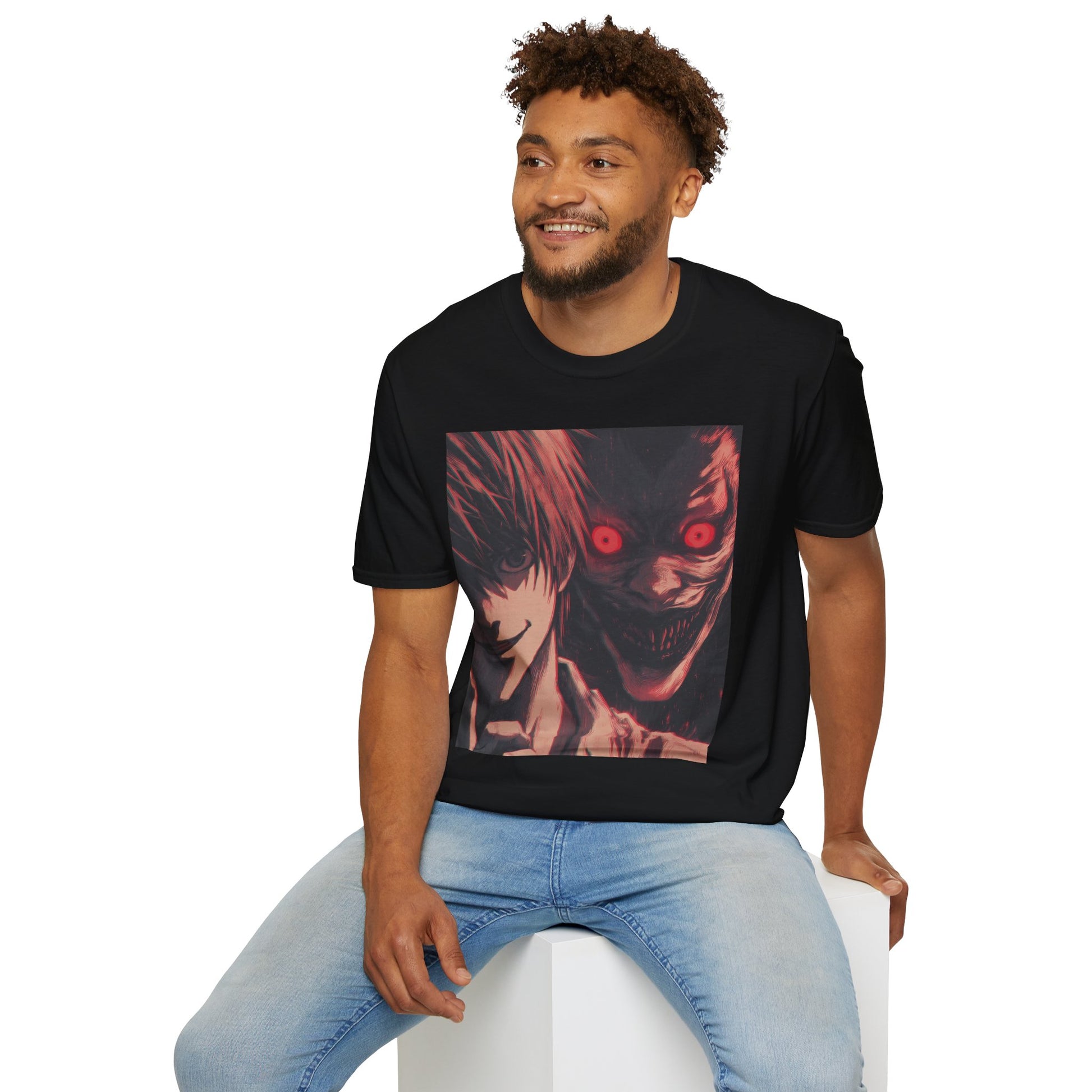 Light Yagami Crimson Tee -  death note light yagami anime shirt graphic tee unisex Crimson Light Tee – Light Yagami in crimson and black, evoking Kira’s quiet intensity with the shinigami Ryuk  gazing over his shoulder