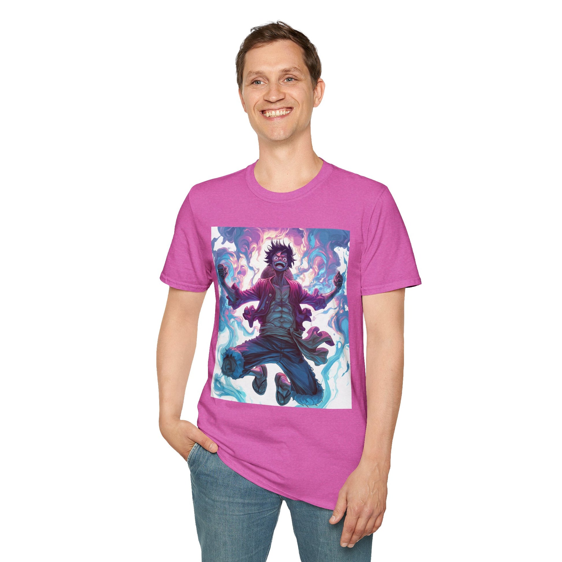 Luffy Pirate King Tee -  one piece luffy pirate king anime shirt graphic tee unisex King of the Pirates Tee – Luffy mid-air with red shirt, fists clenched and cosmic energy