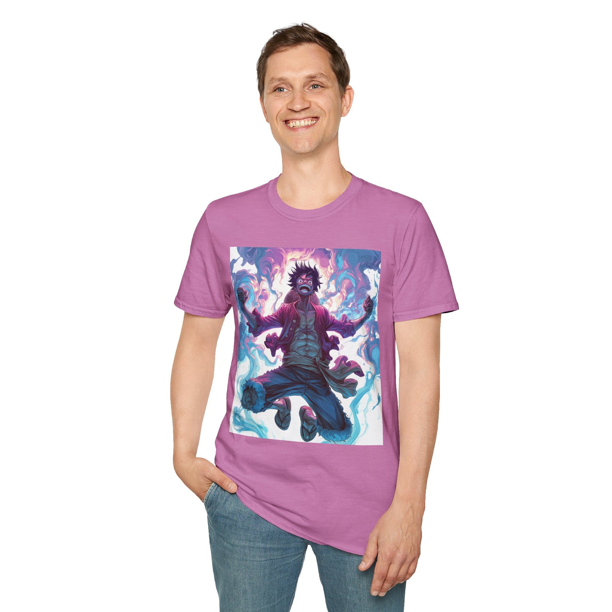 Luffy Pirate King Tee -  one piece luffy pirate king anime shirt graphic tee unisex King of the Pirates Tee – Luffy mid-air with red shirt, fists clenched and cosmic energy