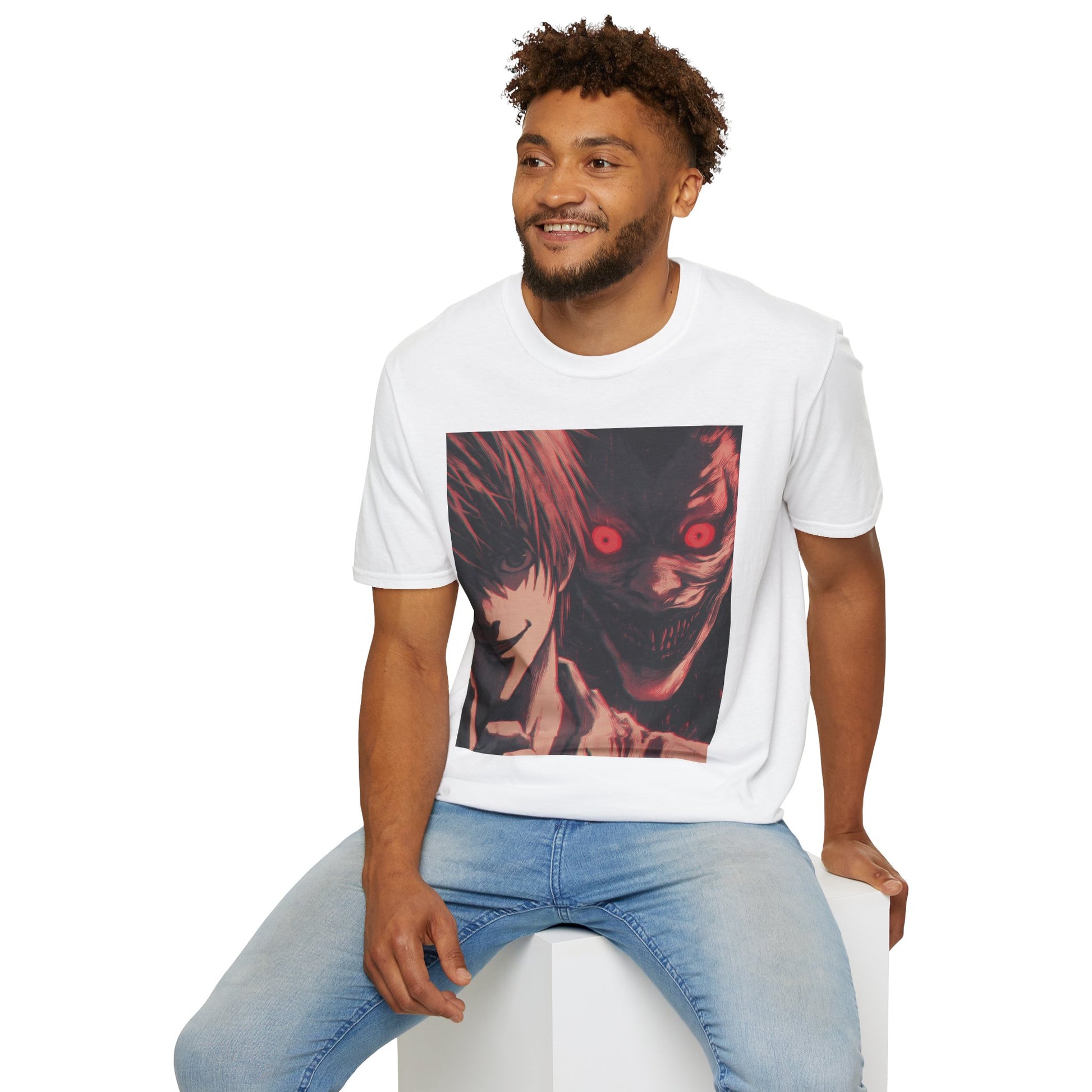 Light Yagami Crimson Tee -  death note light yagami anime shirt graphic tee unisex Crimson Light Tee – Light Yagami in crimson and black, evoking Kira’s quiet intensity with the shinigami Ryuk  gazing over his shoulder