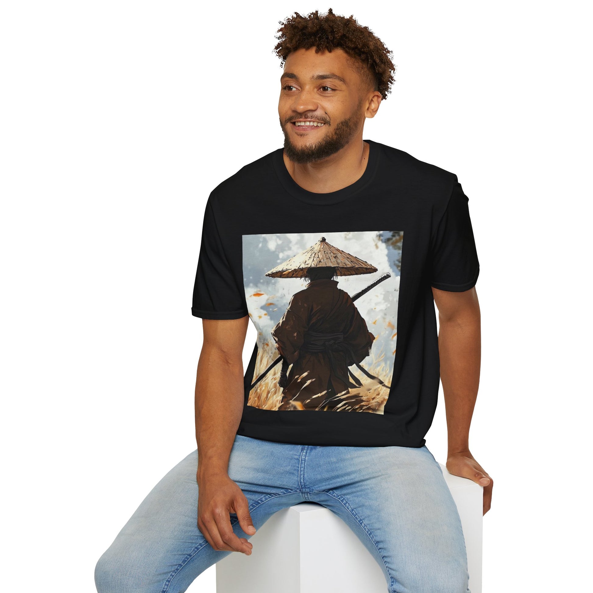 Vagabond Samurai Tee -  samurai vagabond japanese culture anime shirt graphic tee unisex Vagabond Swordsman Tee – Lone samurai in windswept field with katana and falling autumn leaves