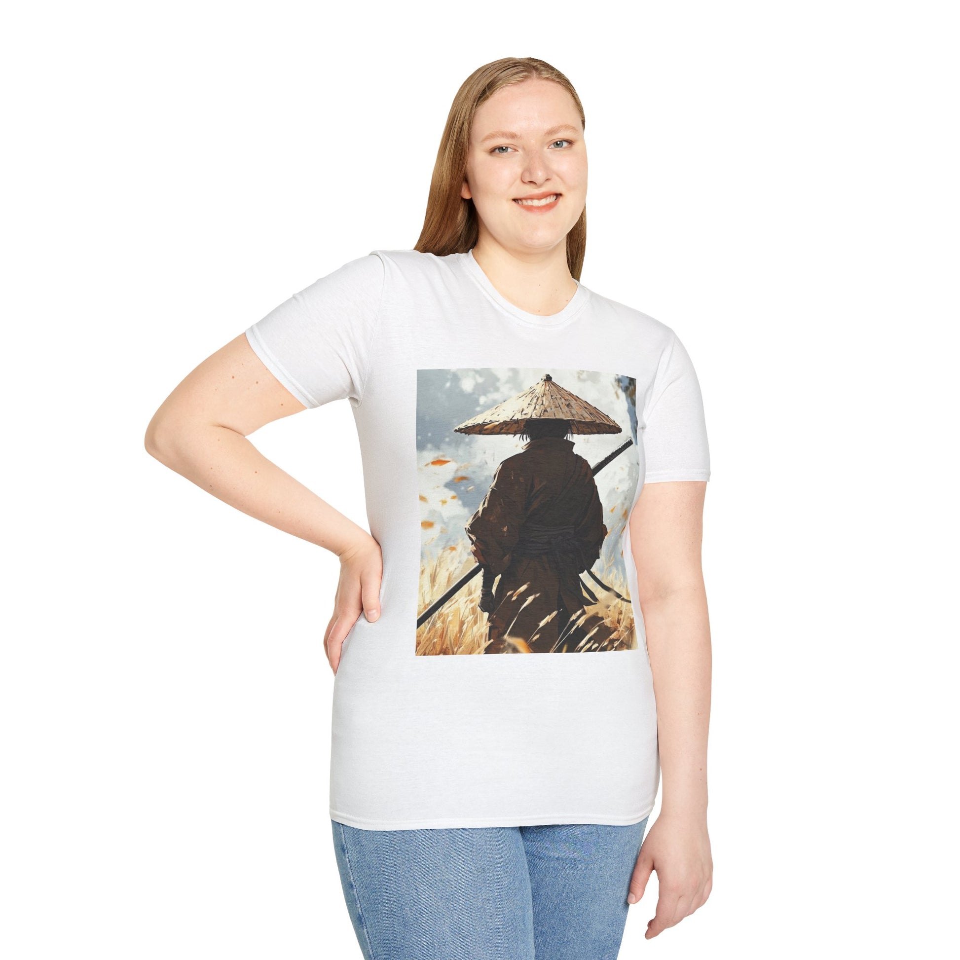 Vagabond Samurai Tee -  samurai vagabond japanese culture anime shirt graphic tee unisex Vagabond Swordsman Tee – Lone samurai in windswept field with katana and falling autumn leaves