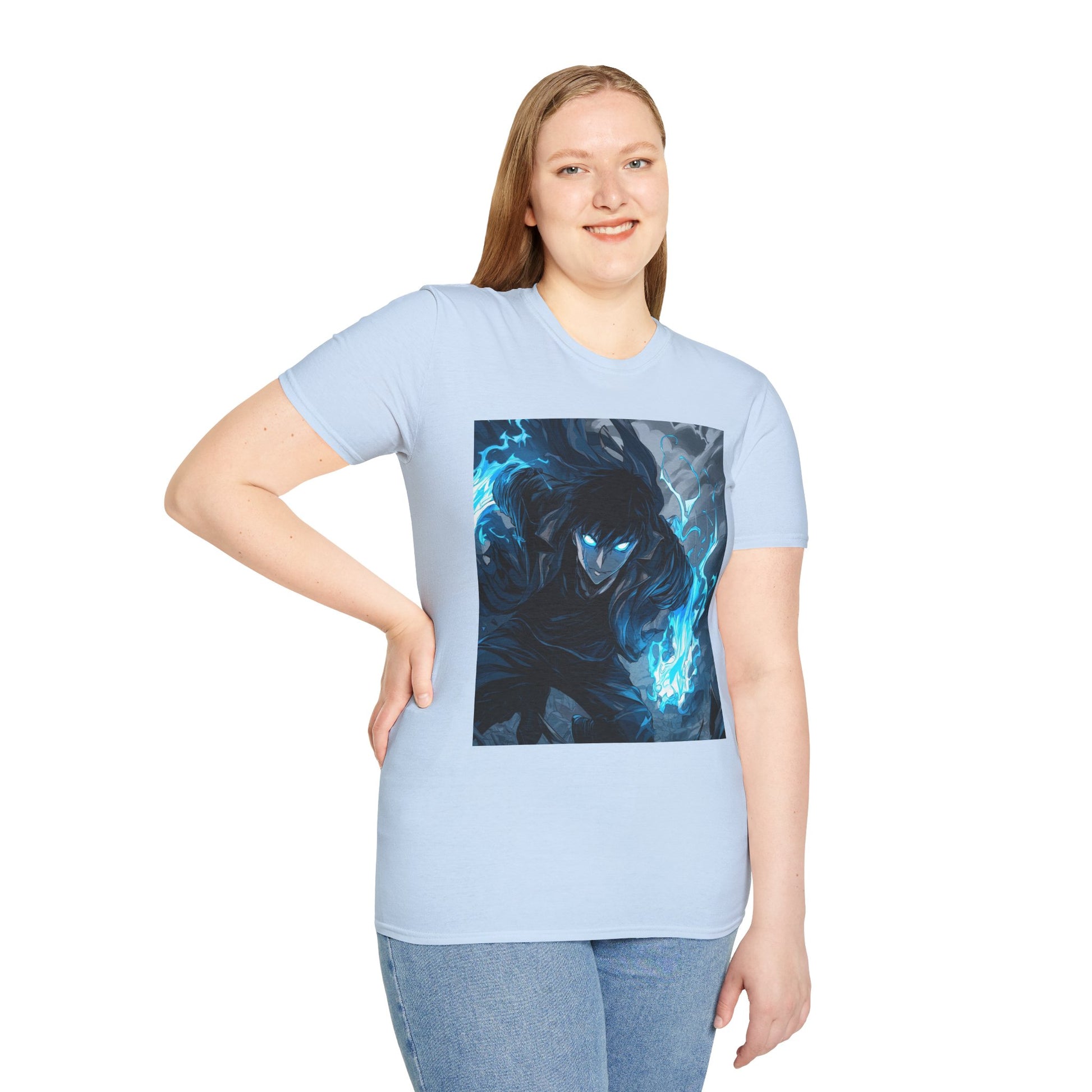 Solo Leveling Shadow Monarch Tee -  solo leveling sung jin woo shadow monarch anime shirt graphic tee unisex Shadow Monarch Tee – Sung Jin Woo engulfed in blue flames with glowing eyes