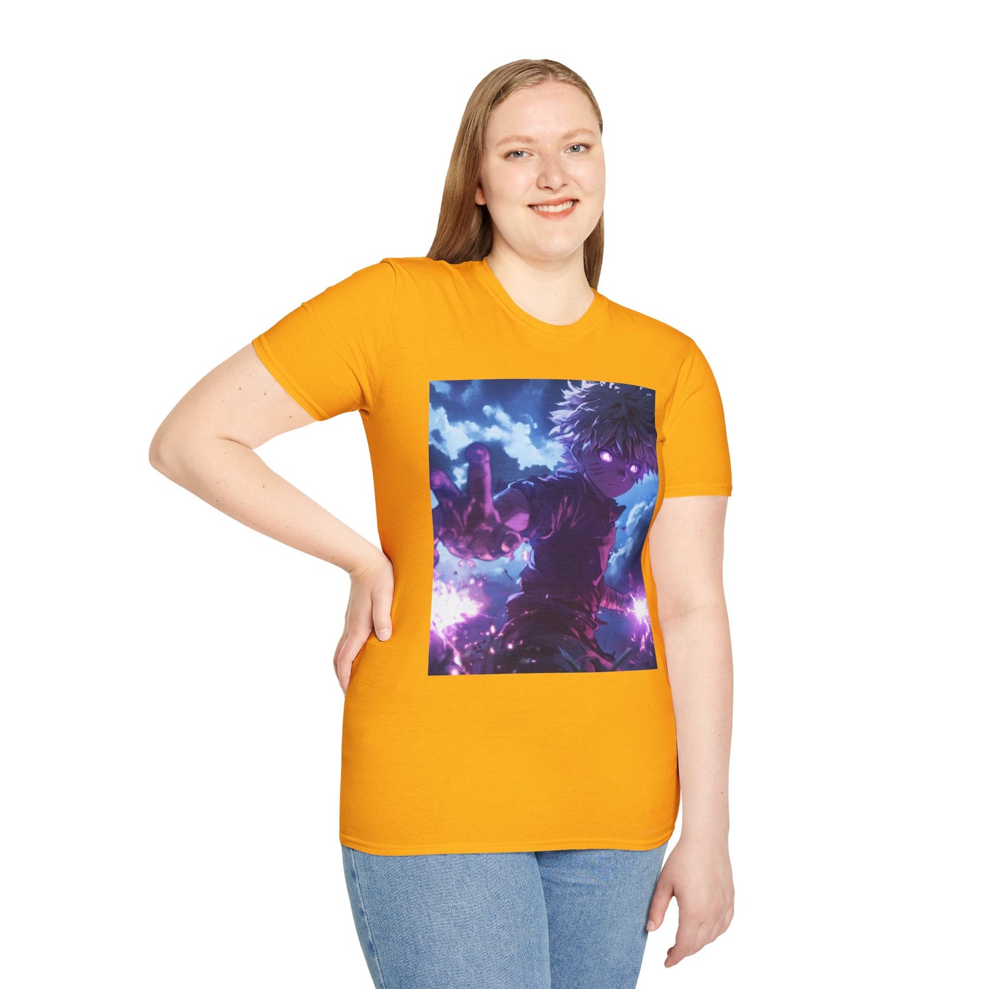 Killua Voltage Anime Tee - hunter x hunter killua anime shirt graphic tee unisex Killua Voltage Tee – Killua Zoldyck mid-lightning strike with glowing eyes and stormy backdrop