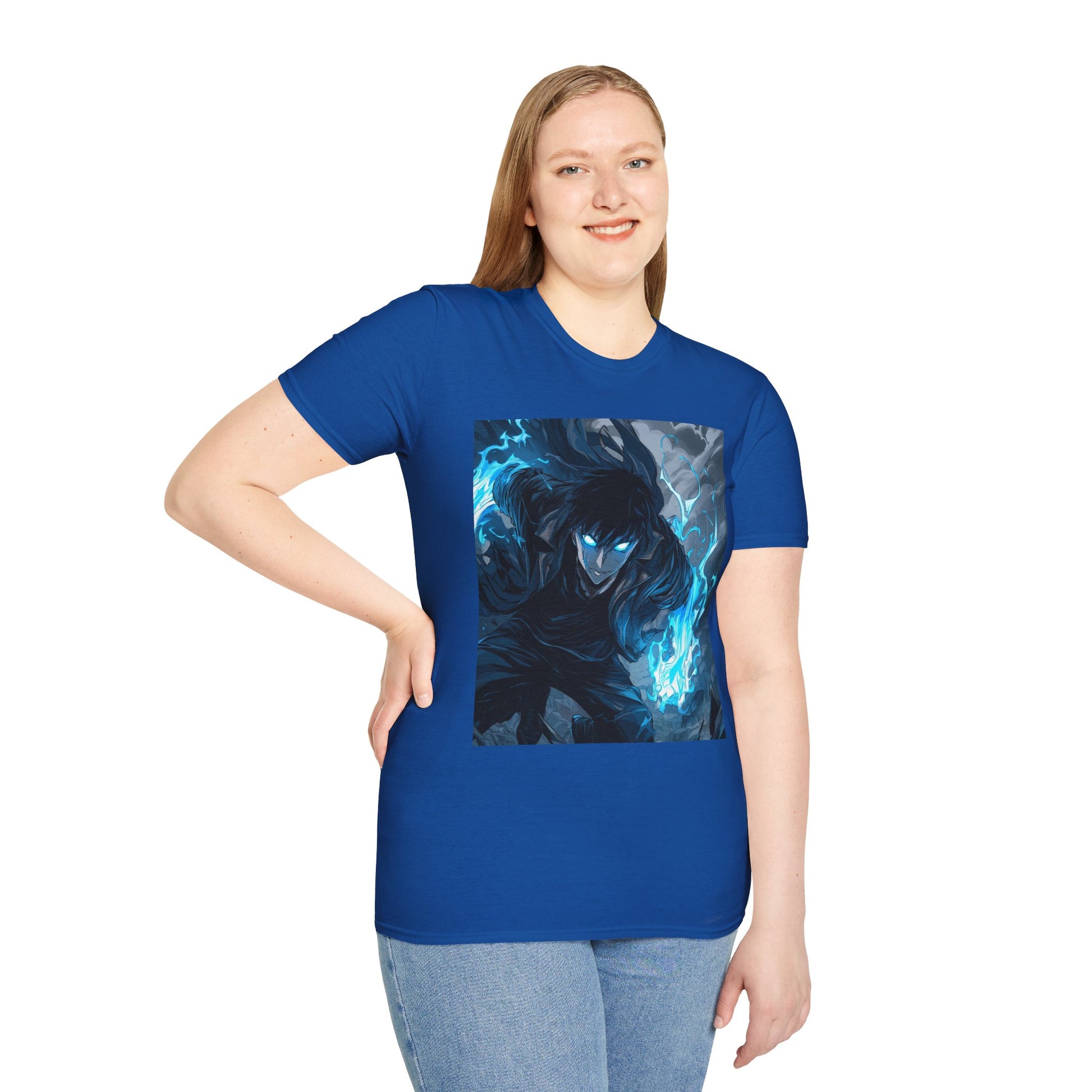 Solo Leveling Shadow Monarch Tee -  solo leveling sung jin woo shadow monarch anime shirt graphic tee unisex Shadow Monarch Tee – Sung Jin Woo engulfed in blue flames with glowing eyes