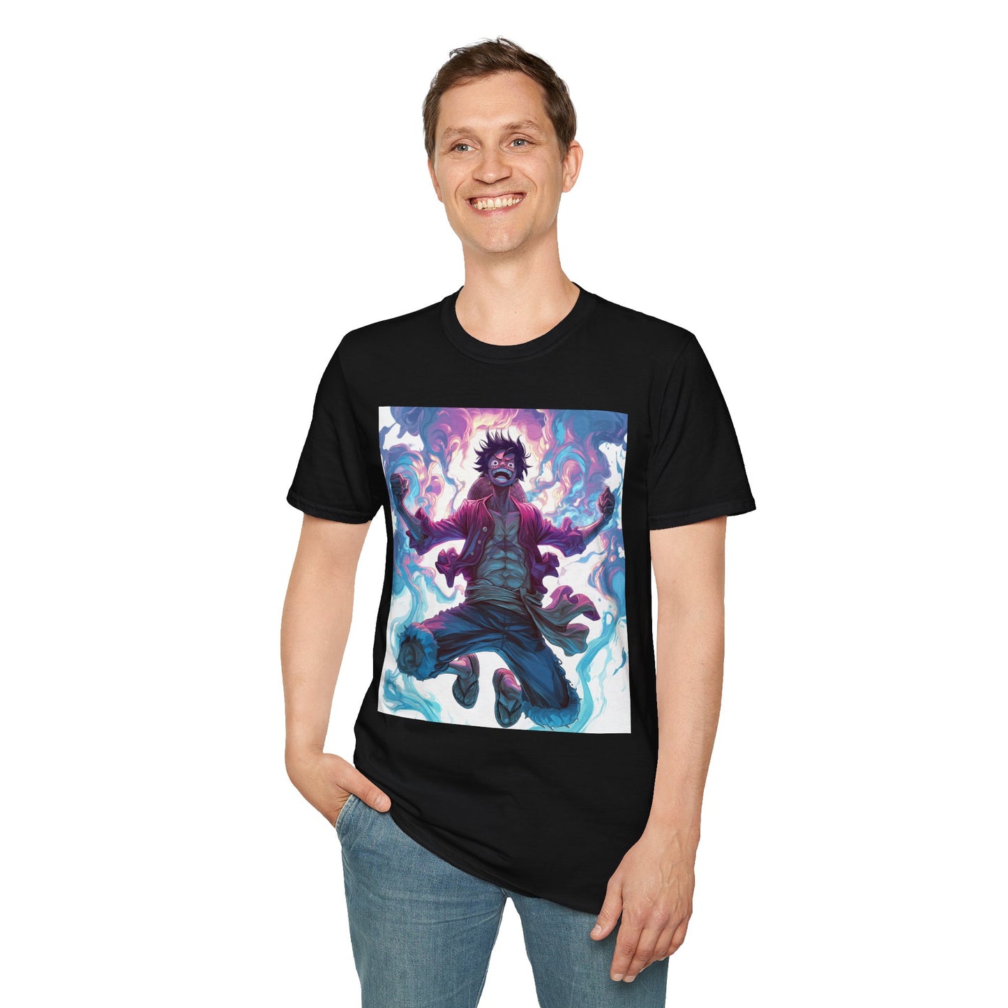 Luffy Pirate King Tee - one piece luffy pirate king anime shirt graphic tee unisex King of the Pirates Tee – Luffy mid-air with red shirt, fists clenched and cosmic energy
