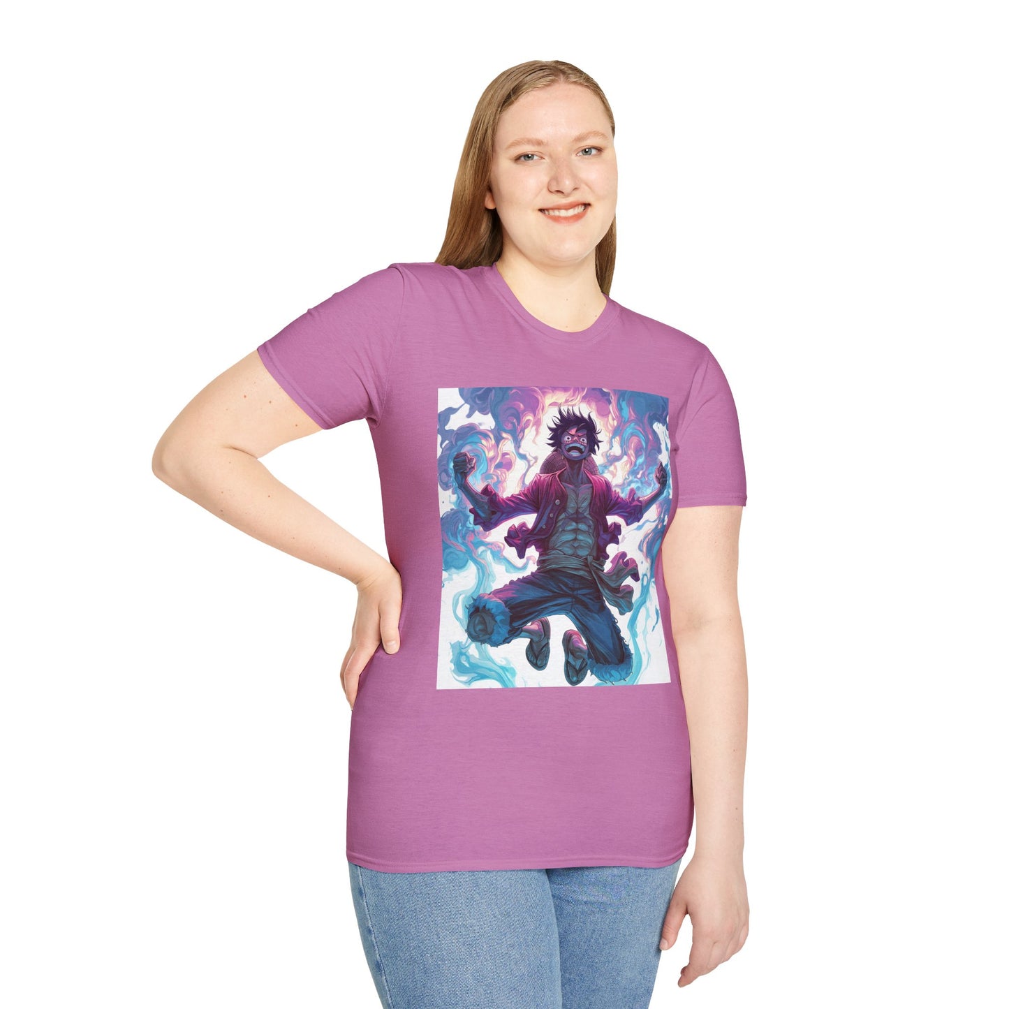 Luffy Pirate King Tee - one piece luffy pirate king anime shirt graphic tee unisex King of the Pirates Tee – Luffy mid-air with red shirt, fists clenched and cosmic energy