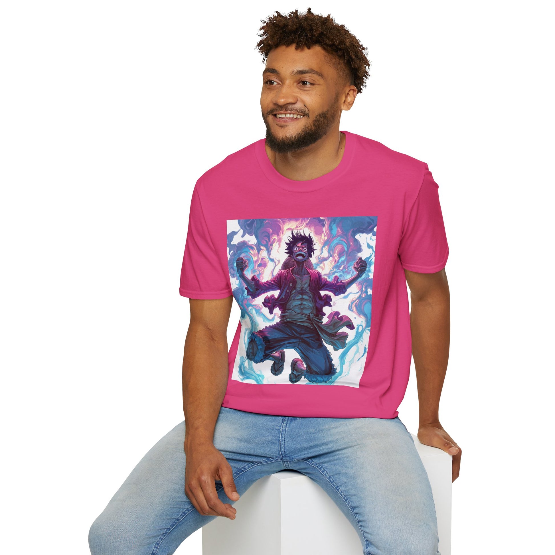 Luffy Pirate King Tee -  one piece luffy pirate king anime shirt graphic tee unisex King of the Pirates Tee – Luffy mid-air with red shirt, fists clenched and cosmic energy