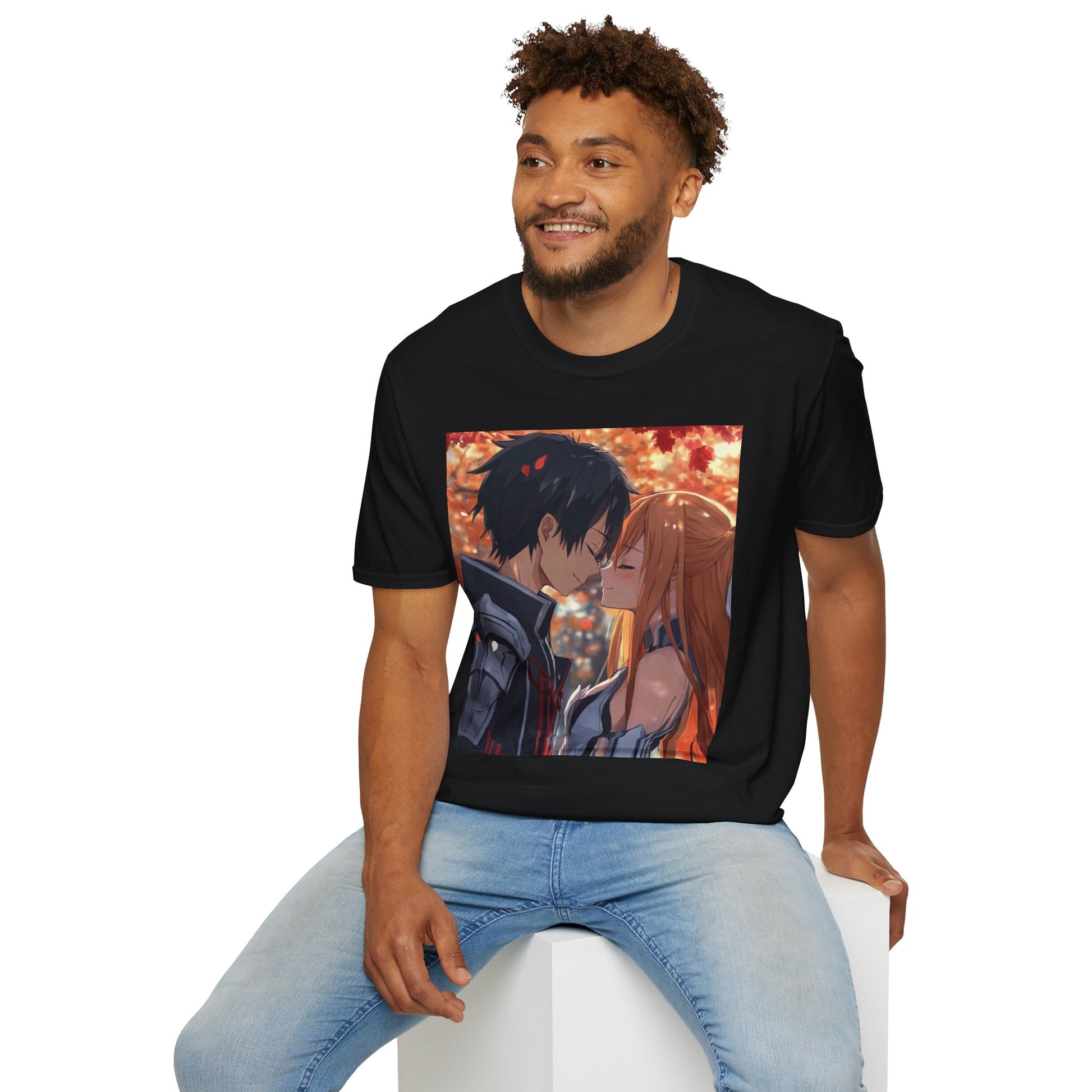 Black Knight Fantasy Tee -  fantasy romance black knight anime shirt graphic tee unisex Black Knight & Golden Flash Tee – Kirito and Asuna under autumn leaves
