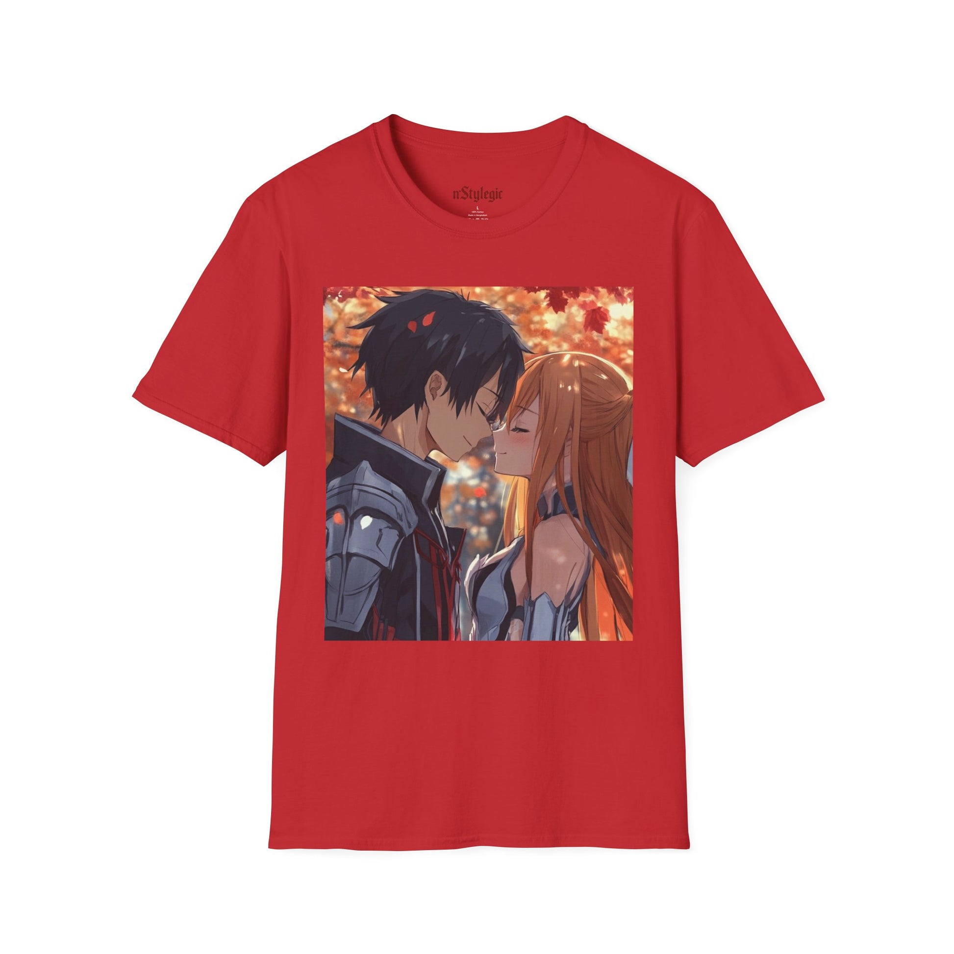 Black Knight Fantasy Tee -  fantasy romance black knight anime shirt graphic tee unisex Black Knight & Golden Flash Tee – Kirito and Asuna under autumn leaves