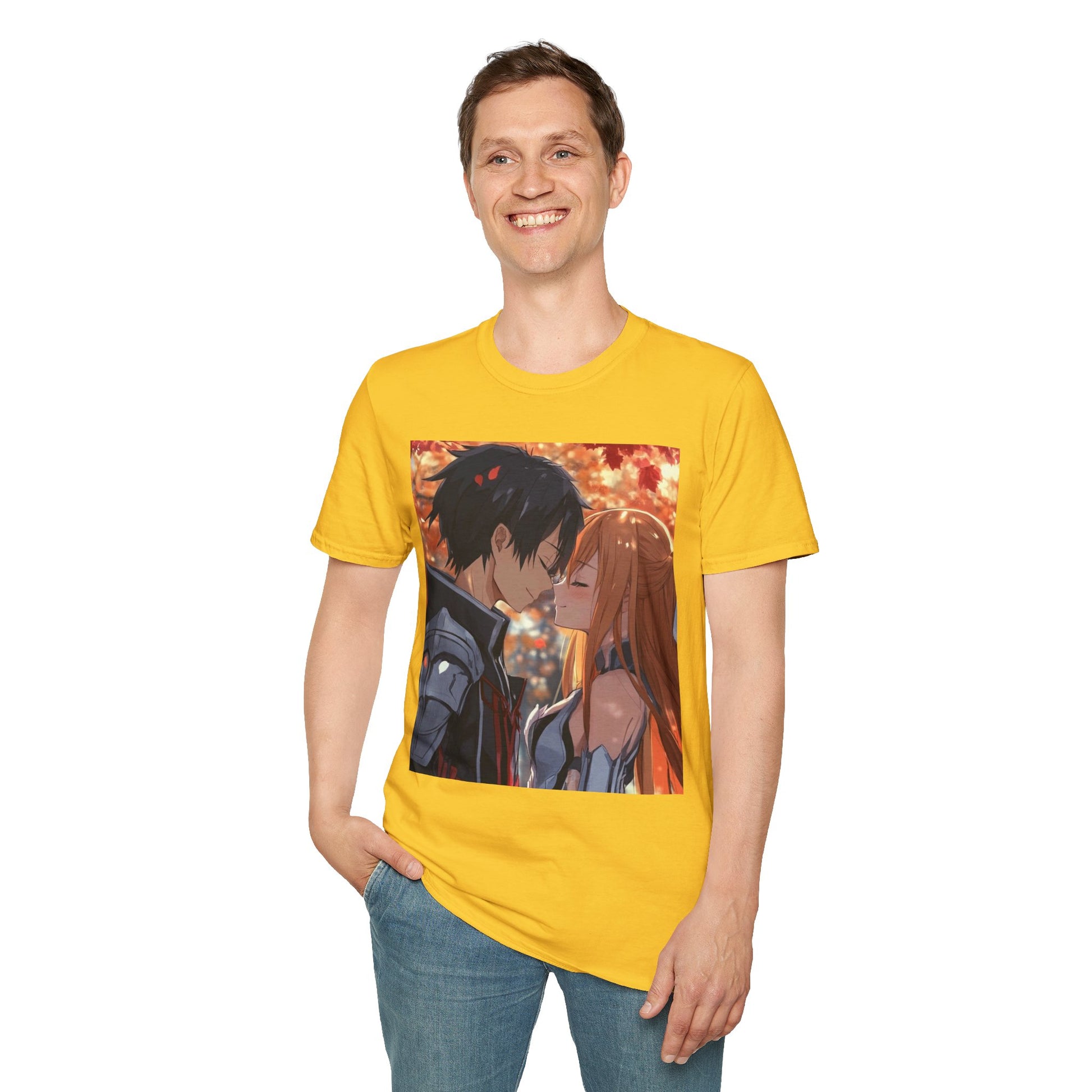 Black Knight Fantasy Tee -  fantasy romance black knight anime shirt graphic tee unisex Black Knight & Golden Flash Tee – Kirito and Asuna under autumn leaves
