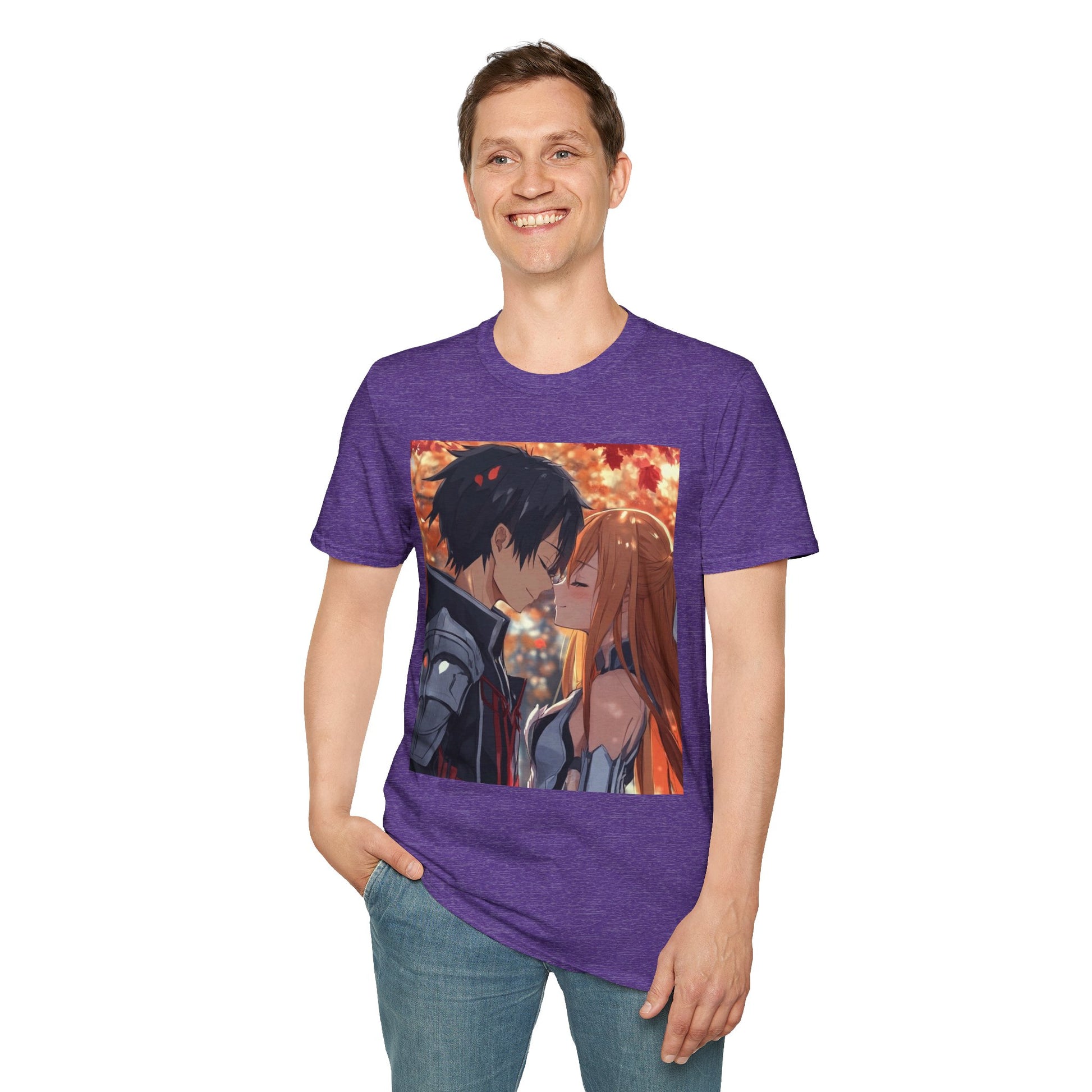 Black Knight Fantasy Tee -  fantasy romance black knight anime shirt graphic tee unisex Black Knight & Golden Flash Tee – Kirito and Asuna under autumn leaves