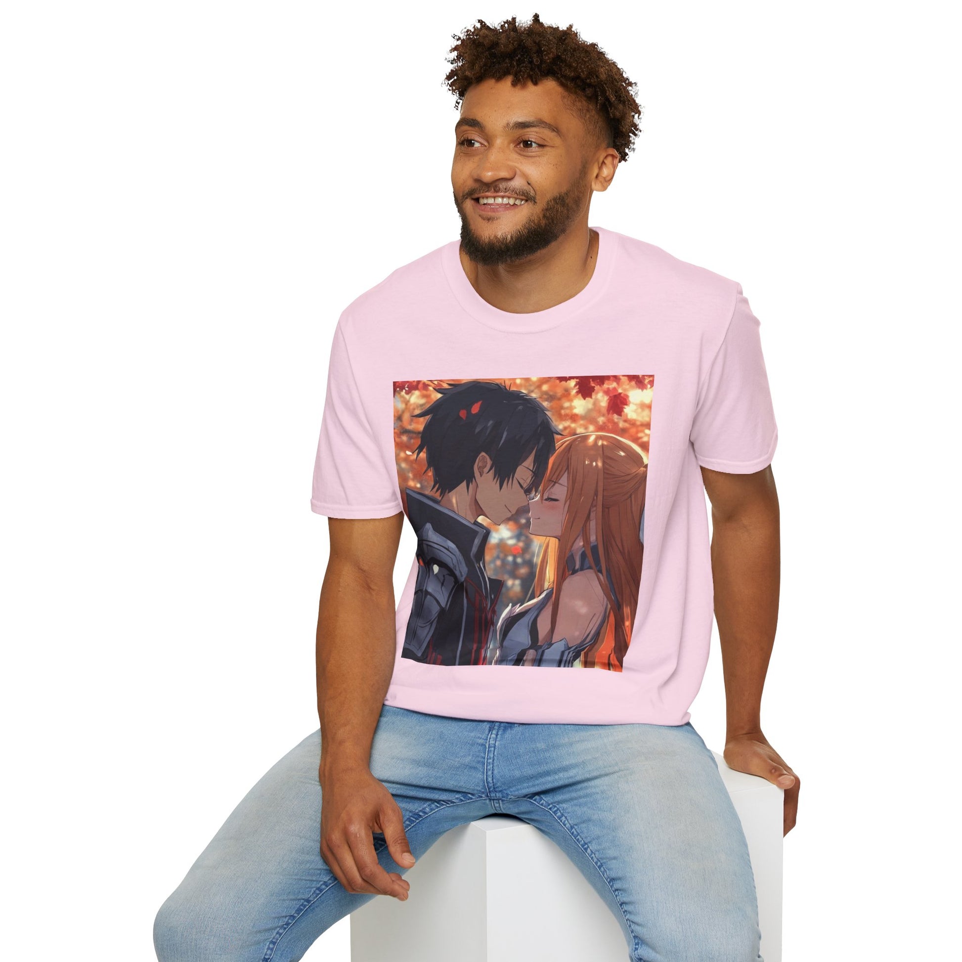 Black Knight Fantasy Tee -  fantasy romance black knight anime shirt graphic tee unisex Black Knight & Golden Flash Tee – Kirito and Asuna under autumn leaves