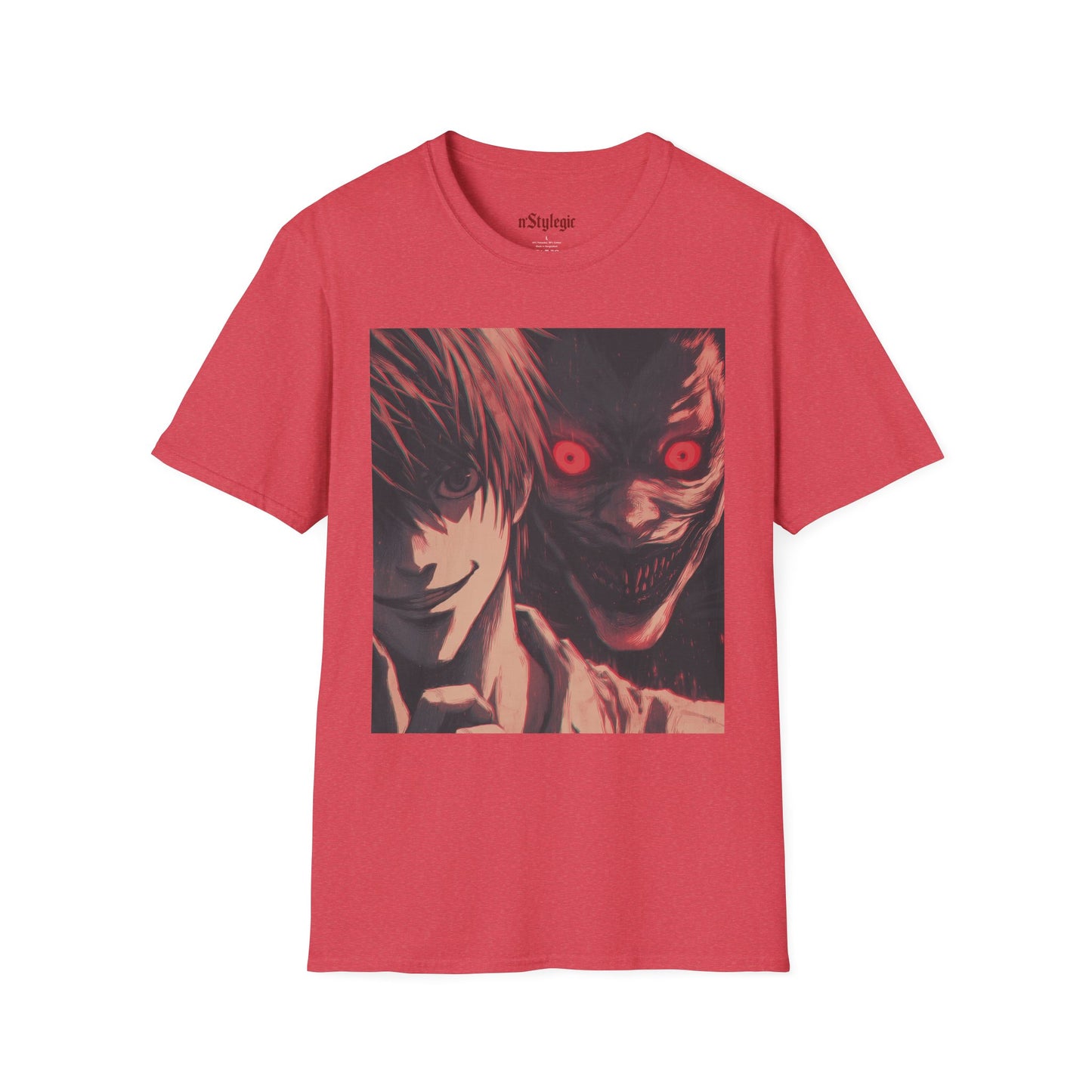 Light Yagami Crimson Tee - death note light yagami anime shirt graphic tee unisex Crimson Light Tee – Light Yagami in crimson and black, evoking Kira’s quiet intensity with the shinigami Ryuk gazing over his shoulder