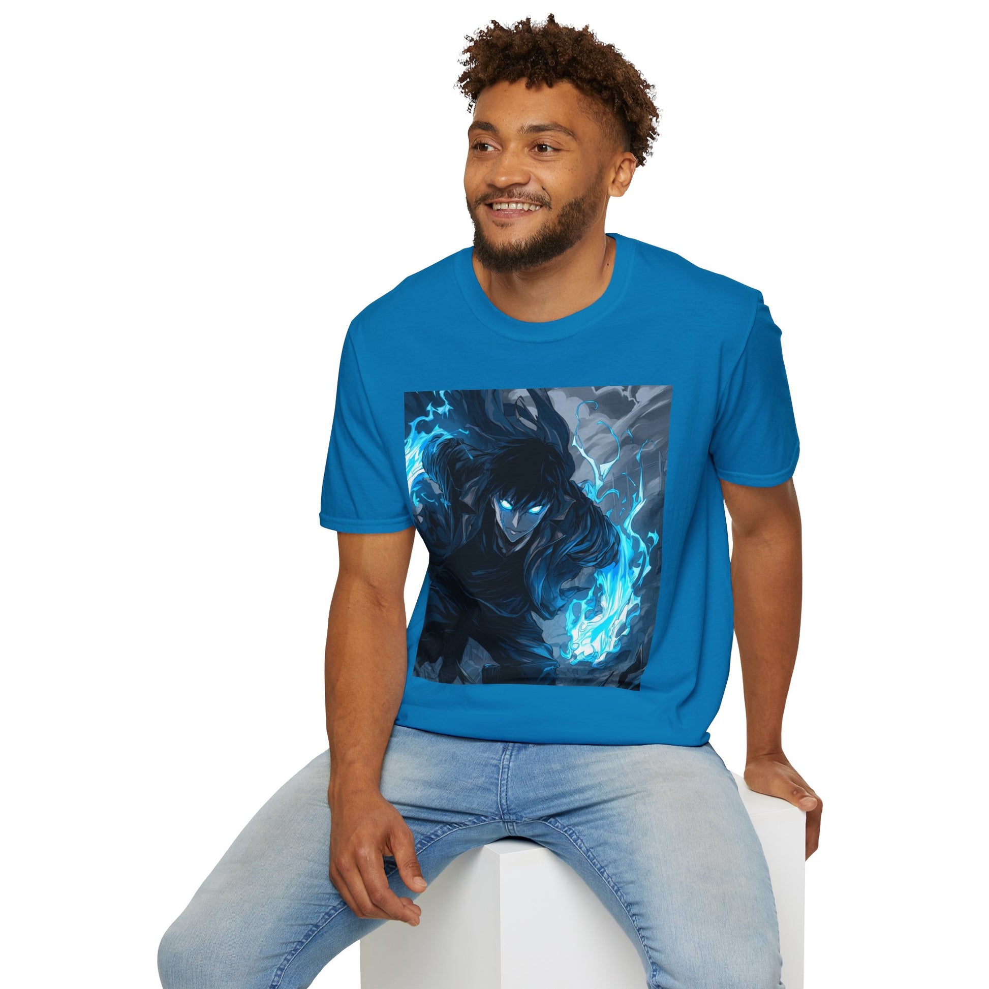 Solo Leveling Shadow Monarch Tee -  solo leveling sung jin woo shadow monarch anime shirt graphic tee unisex Shadow Monarch Tee – Sung Jin Woo engulfed in blue flames with glowing eyes