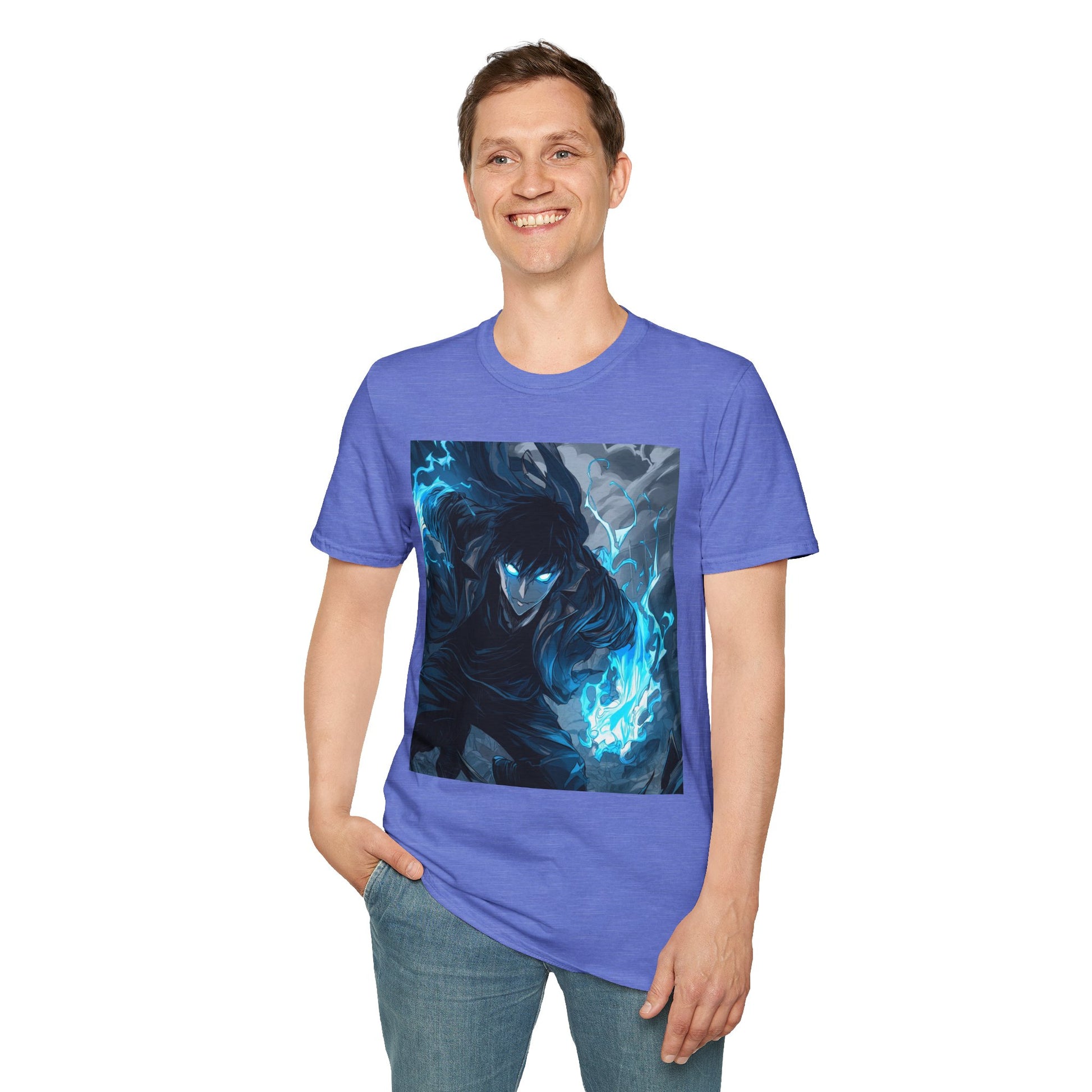 Solo Leveling Shadow Monarch Tee -  solo leveling sung jin woo shadow monarch anime shirt graphic tee unisex Shadow Monarch Tee – Sung Jin Woo engulfed in blue flames with glowing eyes