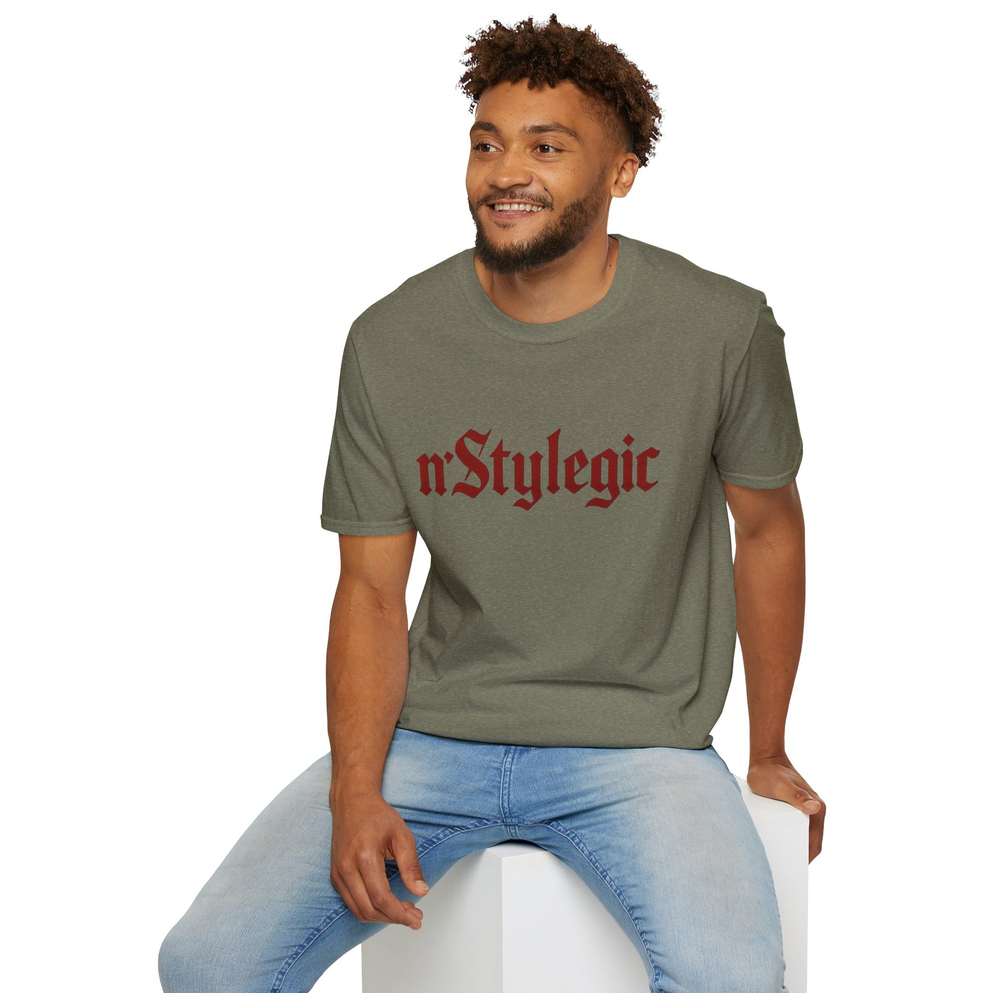 n’Stylegic Logo Streetwear Tee -  logo tee streetwear minimalist graphic tee unisex n’Stylegic Logo Tee – Gothic red logo on minimalist black shirt streetwear branding