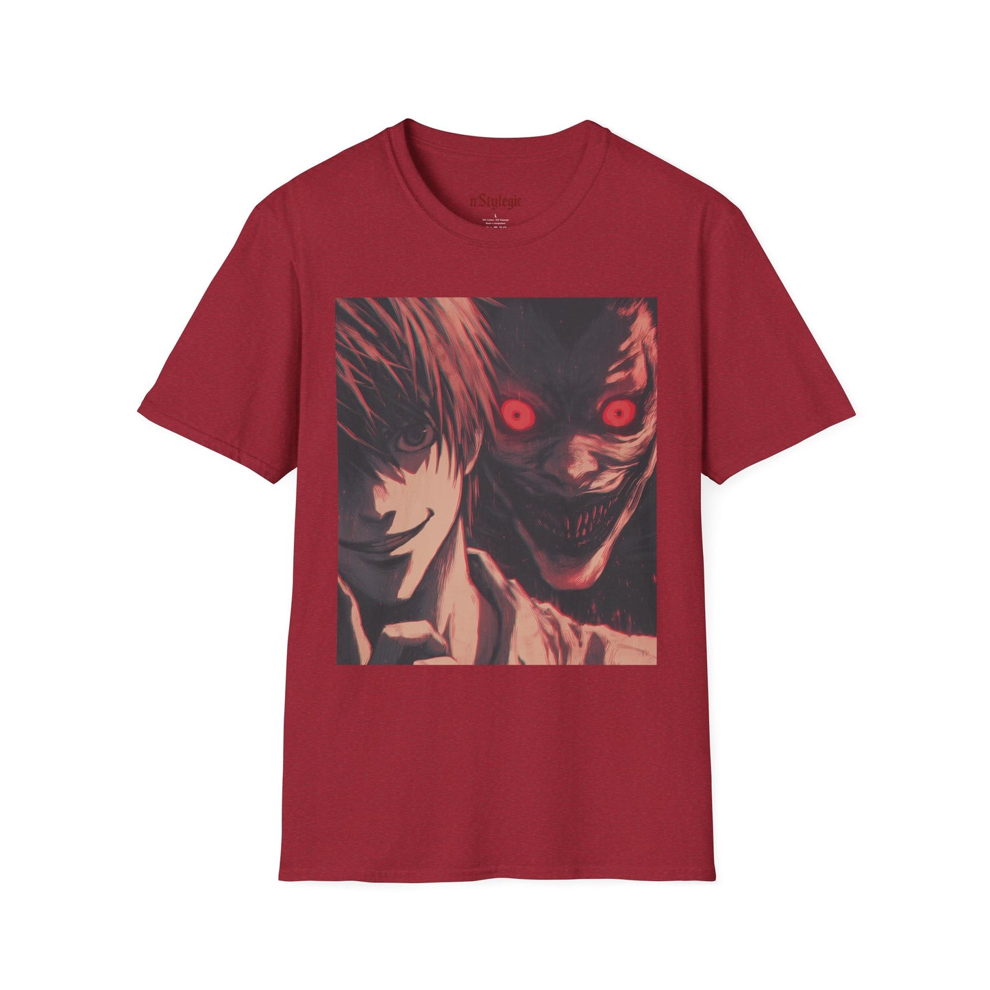 Light Yagami Crimson Tee - death note light yagami anime shirt graphic tee unisex Crimson Light Tee – Light Yagami in crimson and black, evoking Kira’s quiet intensity with the shinigami Ryuk gazing over his shoulder
