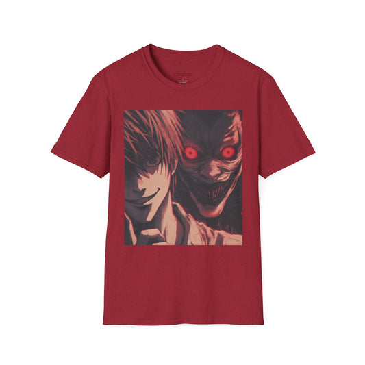 Light Yagami Crimson Tee -  death note light yagami anime shirt graphic tee unisex Crimson Light Tee – Light Yagami in crimson and black, evoking Kira’s quiet intensity with the shinigami Ryuk  gazing over his shoulder
