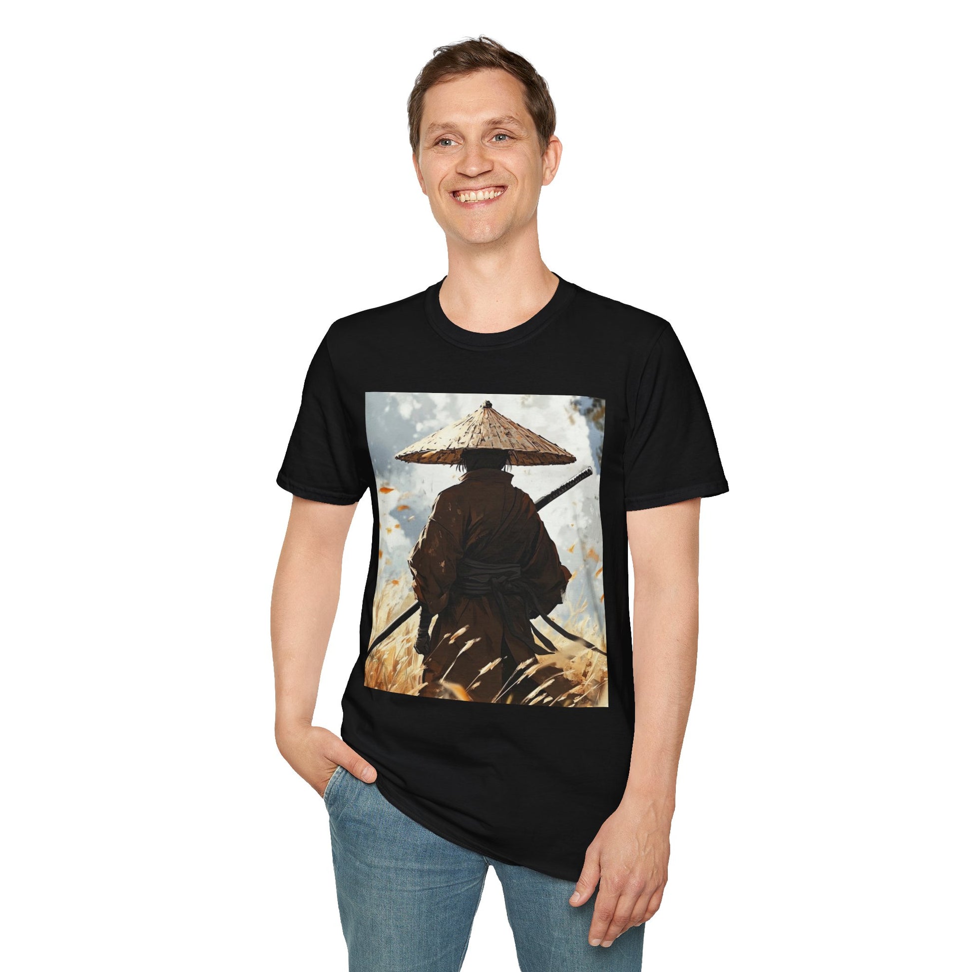 Vagabond Samurai Tee -  samurai vagabond japanese culture anime shirt graphic tee unisex Vagabond Swordsman Tee – Lone samurai in windswept field with katana and falling autumn leaves