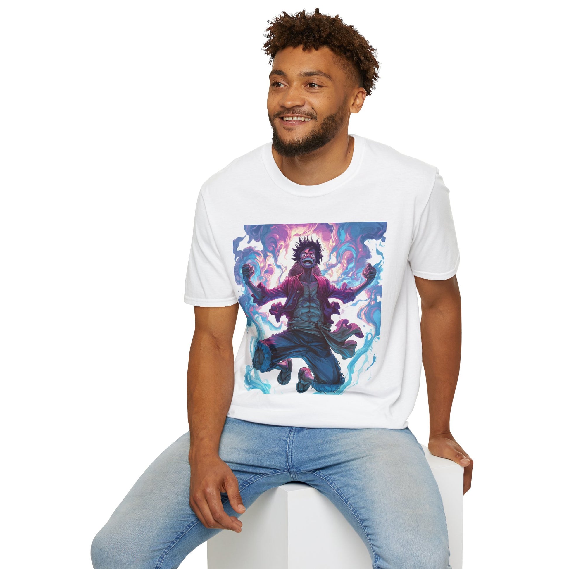 Luffy Pirate King Tee -  one piece luffy pirate king anime shirt graphic tee unisex King of the Pirates Tee – Luffy mid-air with red shirt, fists clenched and cosmic energy