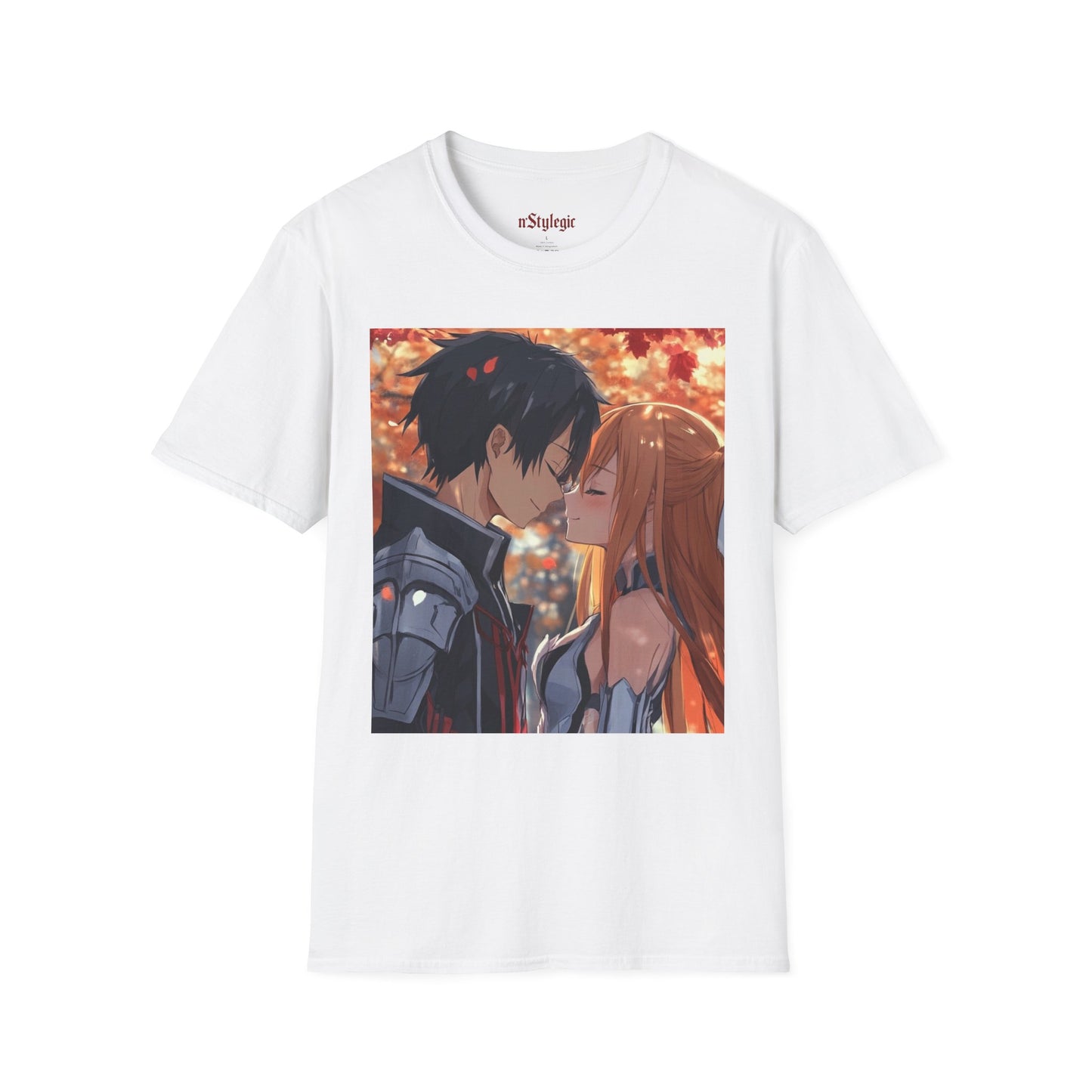 Black Knight Fantasy Tee - fantasy romance black knight anime shirt graphic tee unisex Black Knight & Golden Flash Tee – Kirito and Asuna under autumn leaves