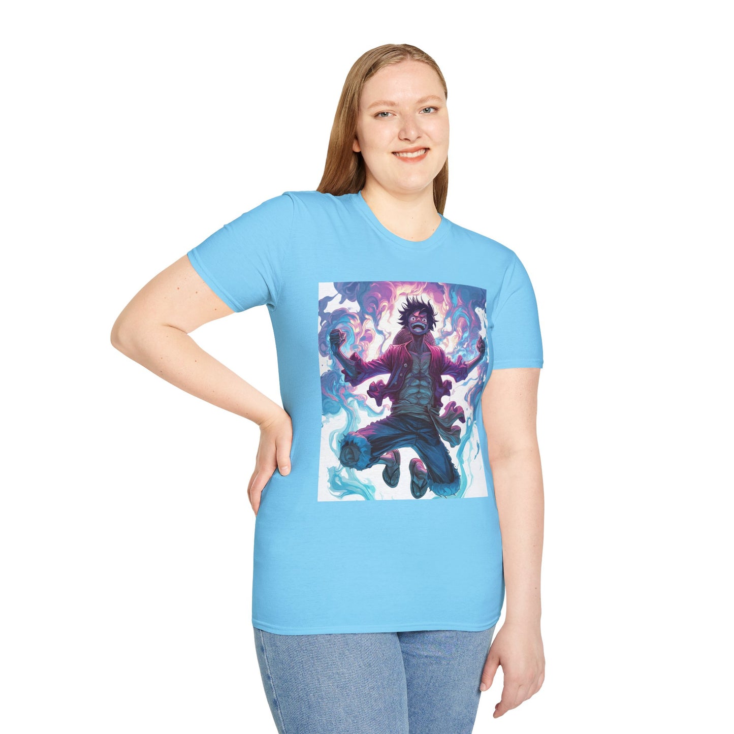 Luffy Pirate King Tee - one piece luffy pirate king anime shirt graphic tee unisex King of the Pirates Tee – Luffy mid-air with red shirt, fists clenched and cosmic energy