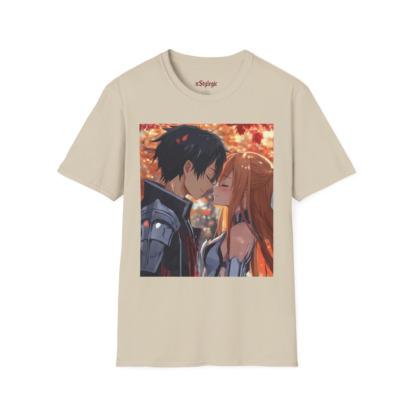 Black Knight Fantasy Tee - fantasy romance black knight anime shirt graphic tee unisex Black Knight & Golden Flash Tee – Kirito and Asuna under autumn leaves