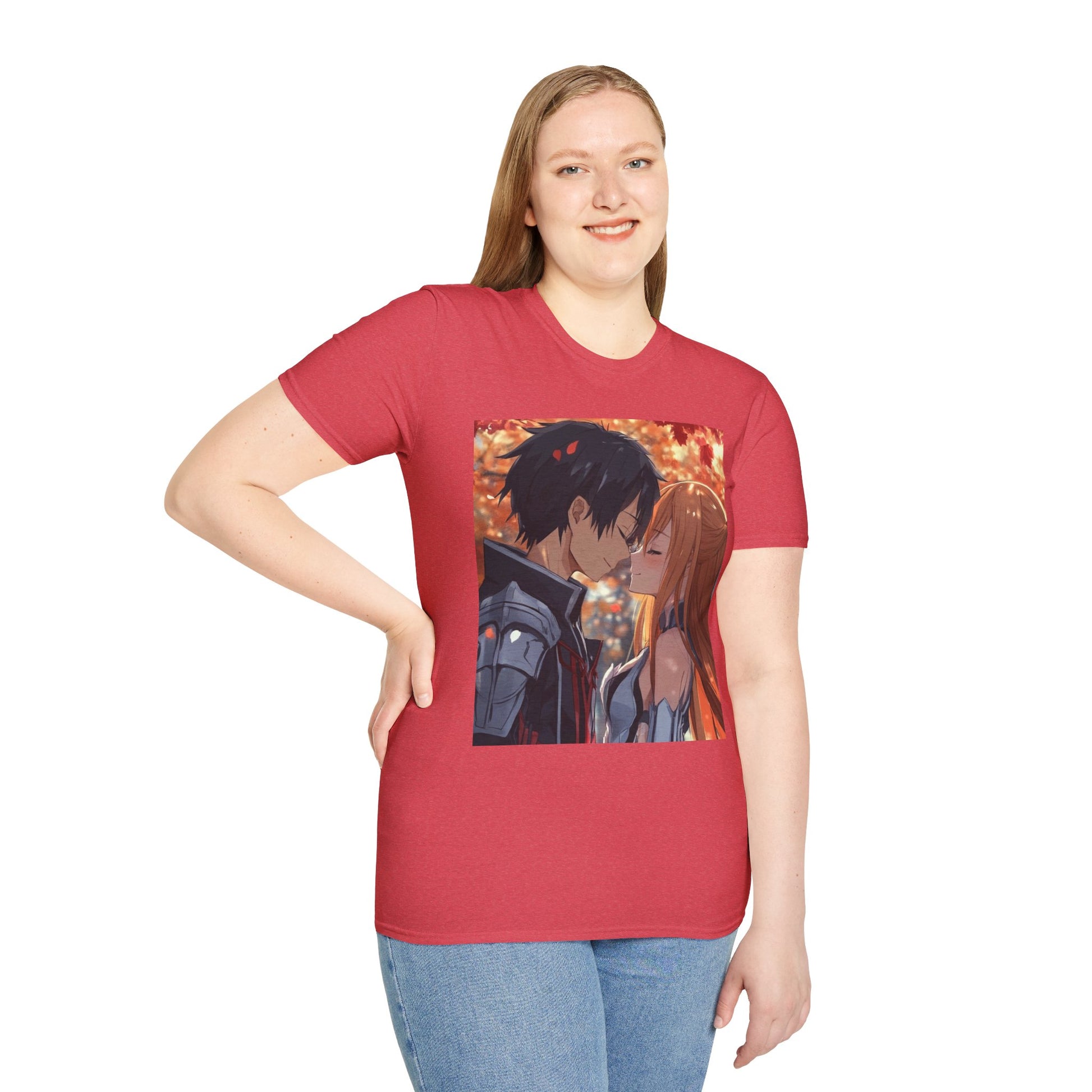 Black Knight Fantasy Tee -  fantasy romance black knight anime shirt graphic tee unisex Black Knight & Golden Flash Tee – Kirito and Asuna under autumn leaves
