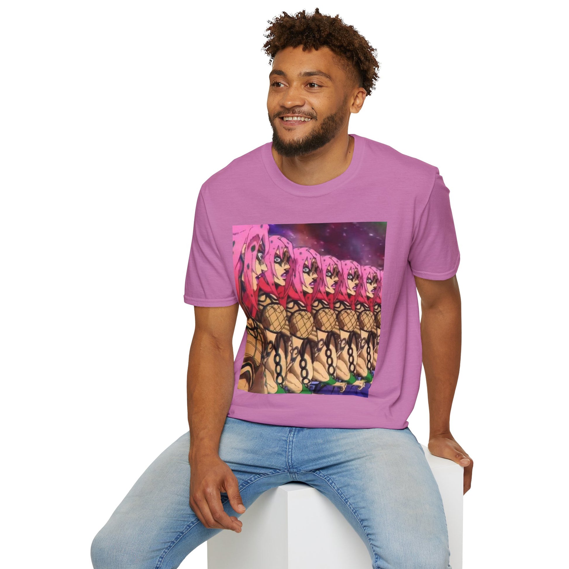 Diavolo Infinite Loop Tee -  jojo diavolo king crimson anime shirt graphic tee unisex Diavolo Death Loop Tee – Diavolo caught in cosmic loop with pink hair and cryptic tattoos