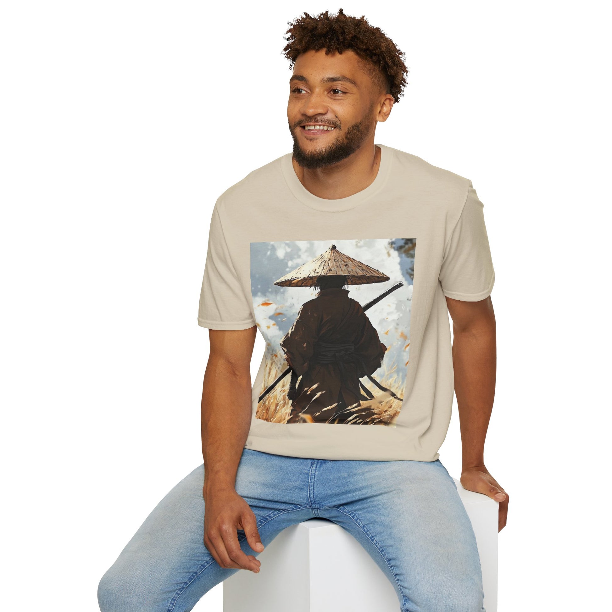 Vagabond Samurai Tee -  samurai vagabond japanese culture anime shirt graphic tee unisex Vagabond Swordsman Tee – Lone samurai in windswept field with katana and falling autumn leaves