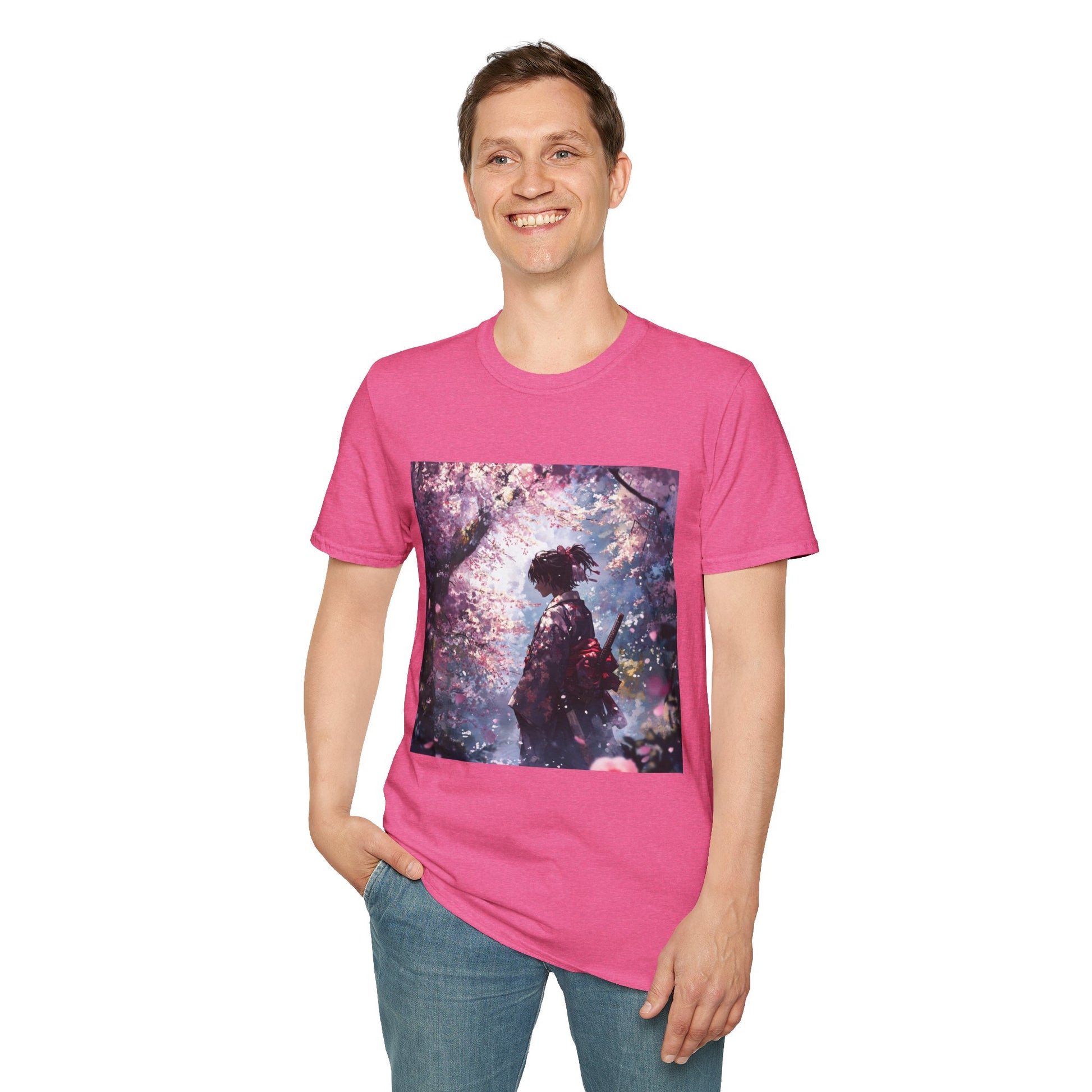 Cherry Blossom Warrior Tee -  samurai cherry blossom japanese culture anime shirt graphic tee unisex Cherry Blossom Samurai Tee – Ornate samurai beneath pink blossoms with katana sheathed