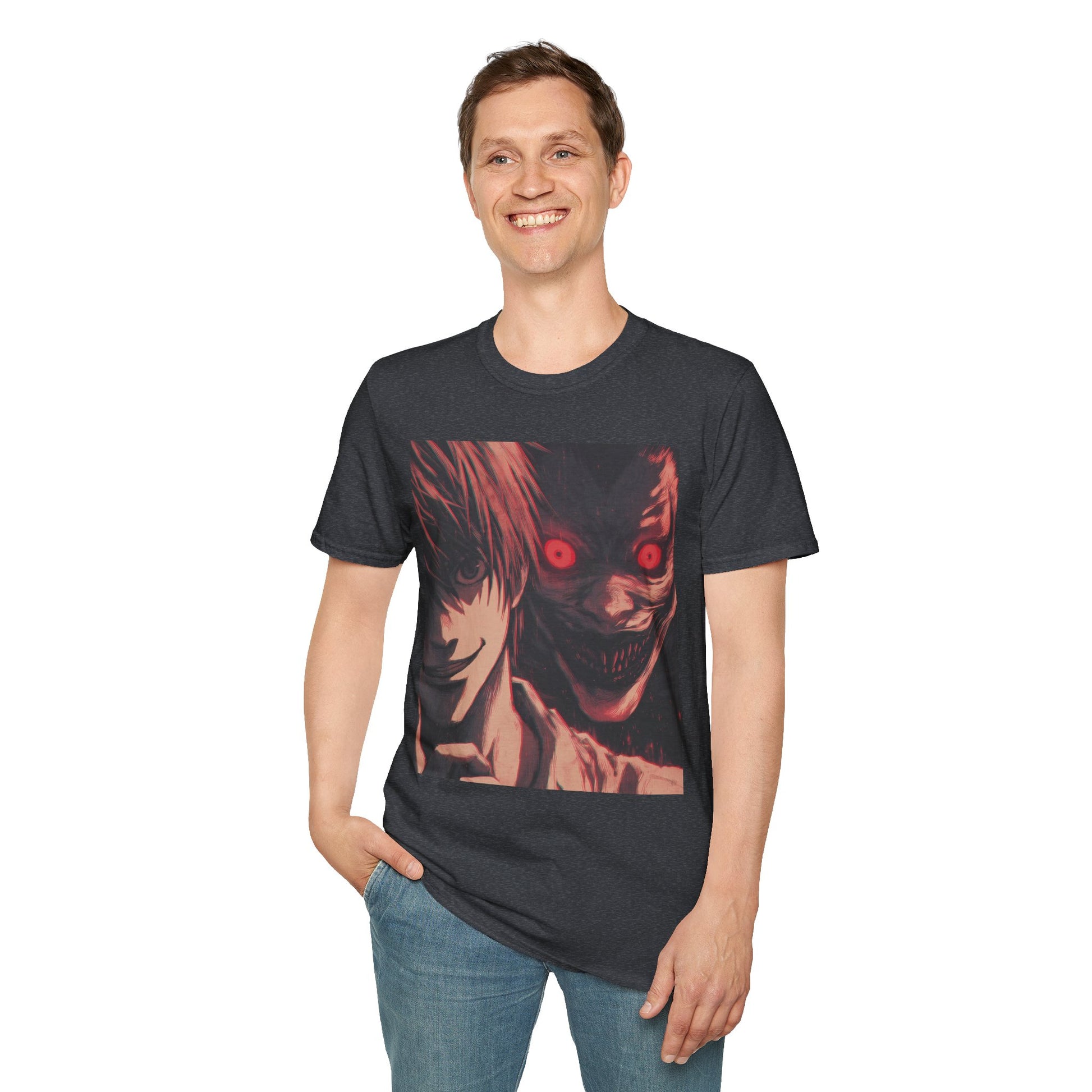 Light Yagami Crimson Tee -  death note light yagami anime shirt graphic tee unisex Crimson Light Tee – Light Yagami in crimson and black, evoking Kira’s quiet intensity with the shinigami Ryuk  gazing over his shoulder