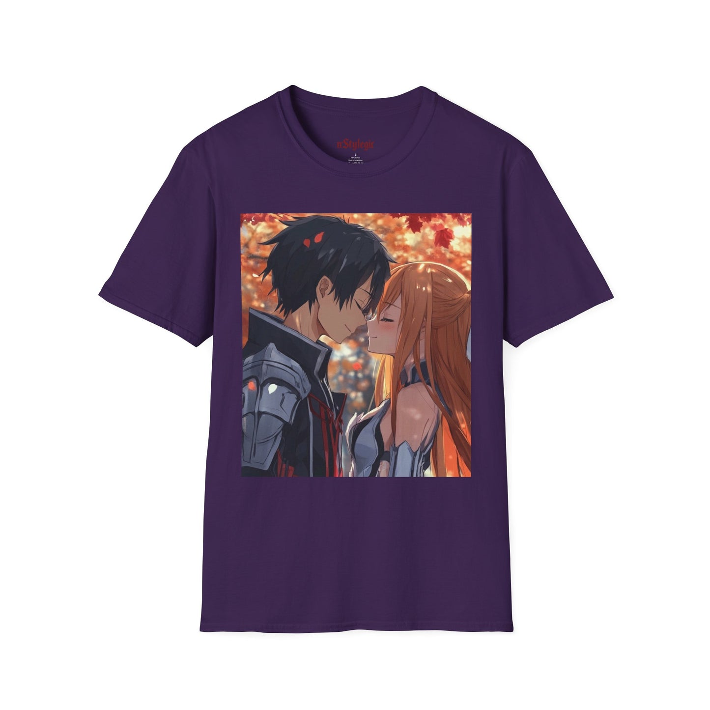 Black Knight Fantasy Tee - fantasy romance black knight anime shirt graphic tee unisex Black Knight & Golden Flash Tee – Kirito and Asuna under autumn leaves