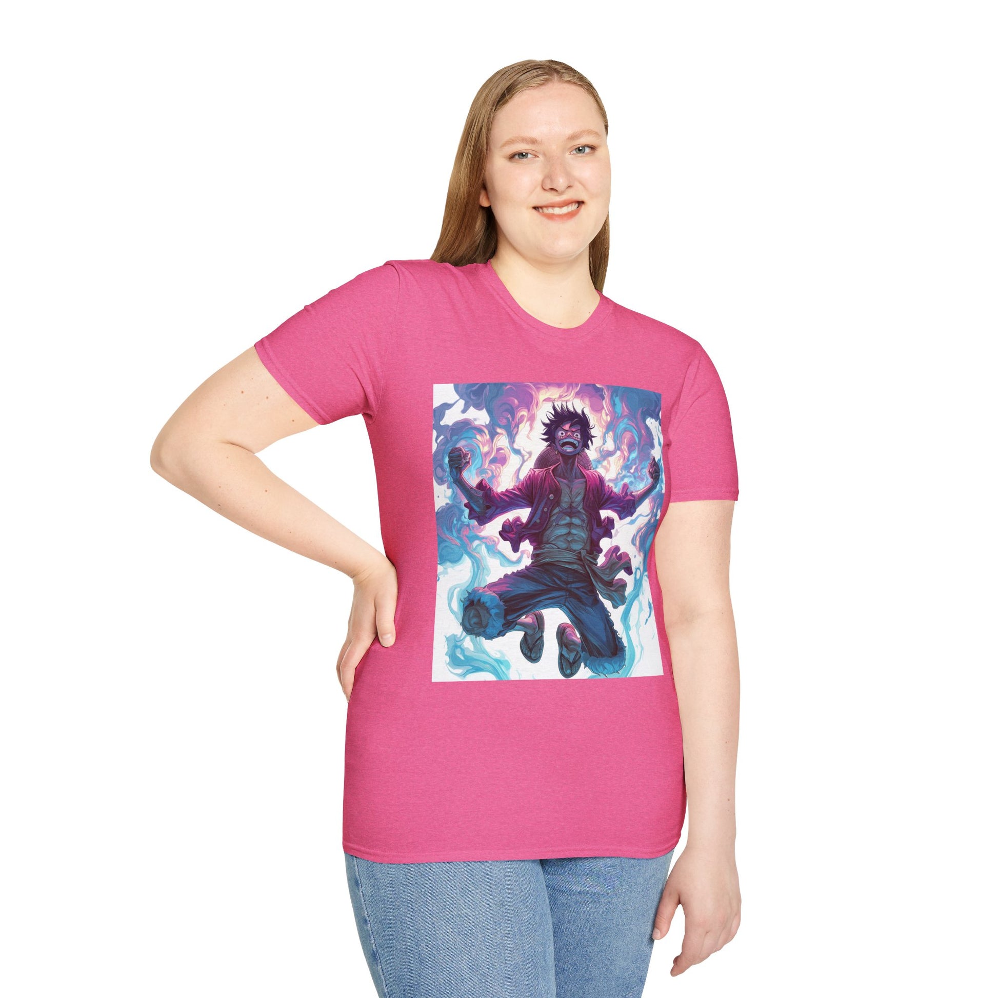 Luffy Pirate King Tee -  one piece luffy pirate king anime shirt graphic tee unisex King of the Pirates Tee – Luffy mid-air with red shirt, fists clenched and cosmic energy
