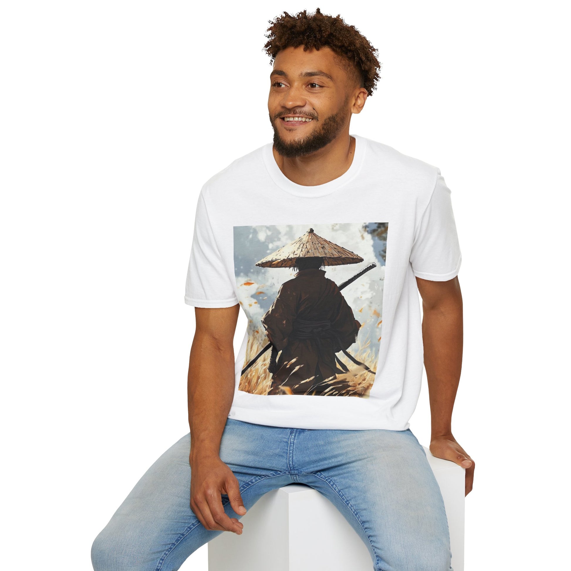 Vagabond Samurai Tee -  samurai vagabond japanese culture anime shirt graphic tee unisex Vagabond Swordsman Tee – Lone samurai in windswept field with katana and falling autumn leaves