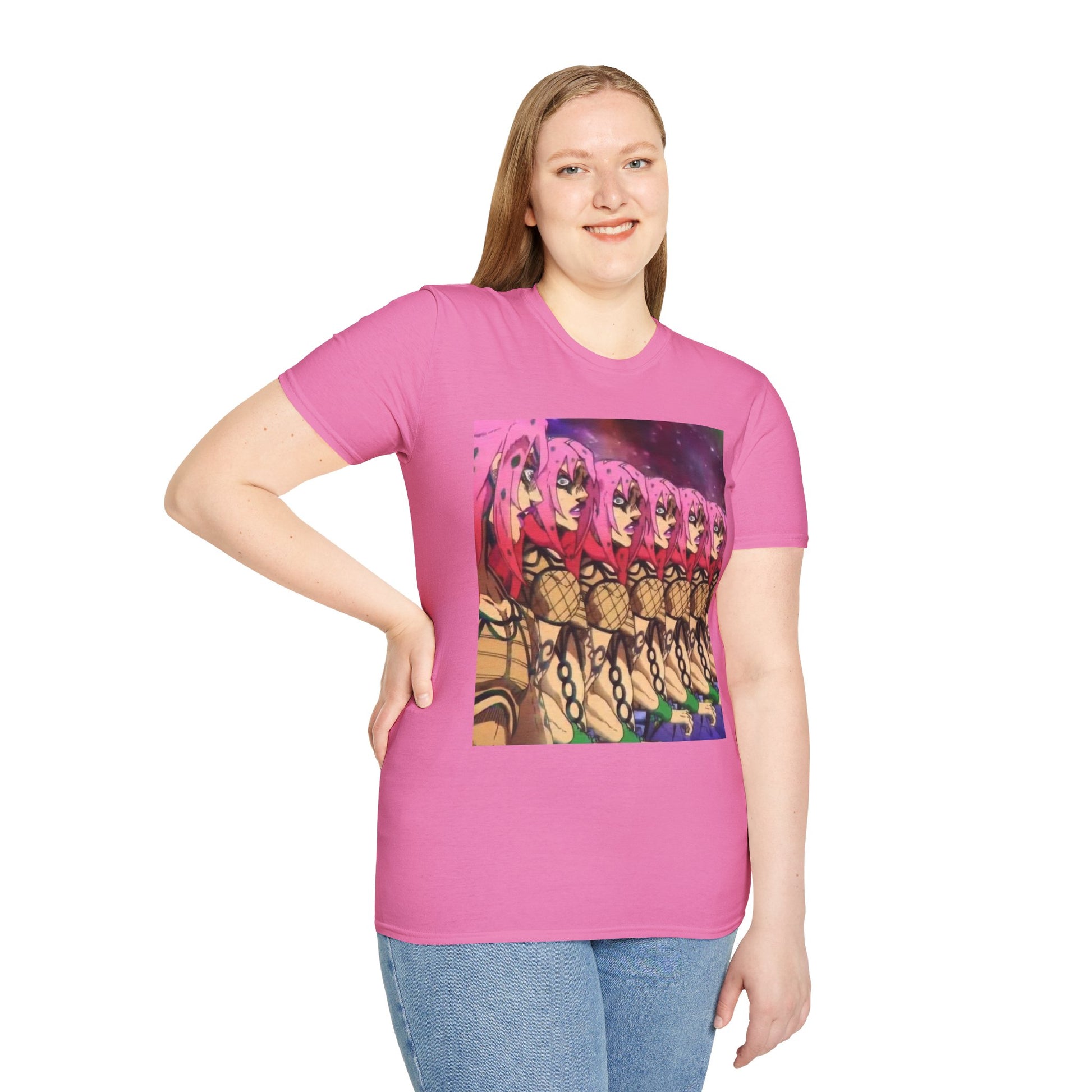 Diavolo Infinite Loop Tee -  jojo diavolo king crimson anime shirt graphic tee unisex Diavolo Death Loop Tee – Diavolo caught in cosmic loop with pink hair and cryptic tattoos