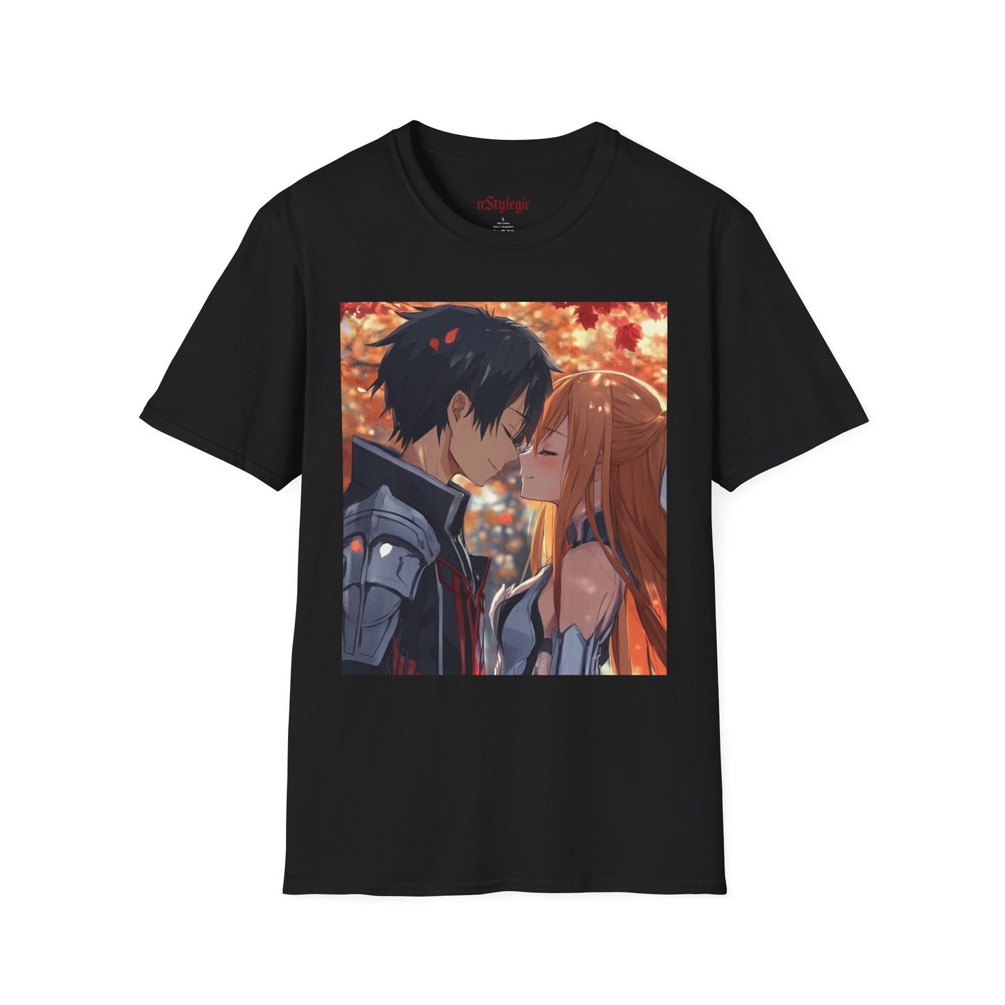 Black Knight Fantasy Tee - fantasy romance black knight anime shirt graphic tee unisex Black Knight & Golden Flash Tee – Kirito and Asuna under autumn leaves